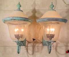 Pair of Vintage Solid Brass Outdoor Sconces - Large Verdigris Patina Lanterns