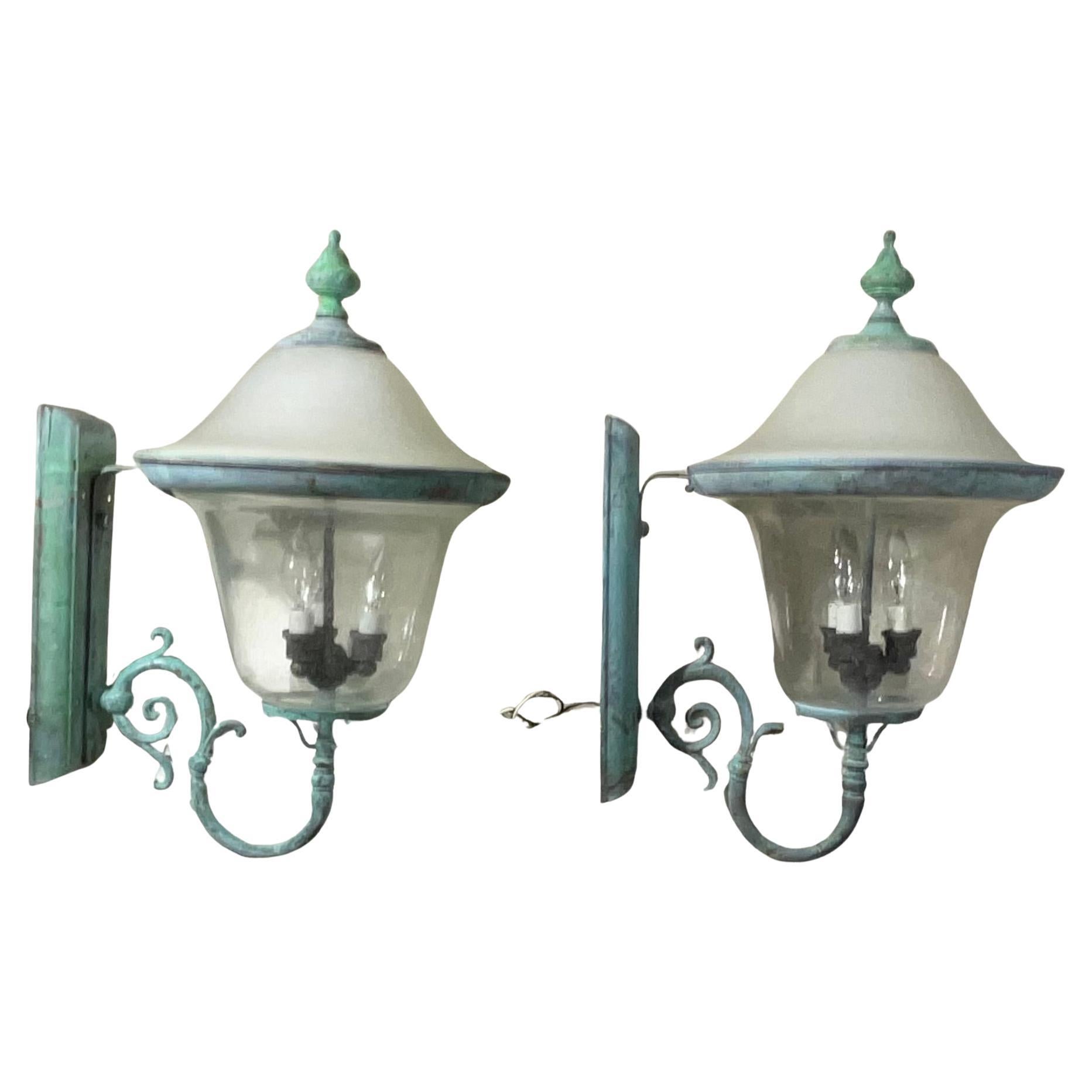 Pair of Vintage Solid Brass Outdoor Sconces - Large Verdigris Patina Lanterns For Sale