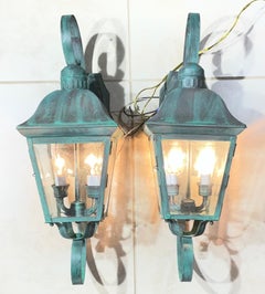 Pair Of Vintage Solid Brass Outdoor Wall Lanterns - 22”h x 7”.5 w x 7”.5 d