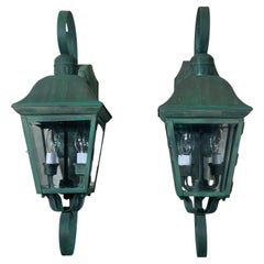 Pair Of Vintage Solid Brass Outdoor Wall Lanterns - 22”h x 7”.5 w x 7”.5 d