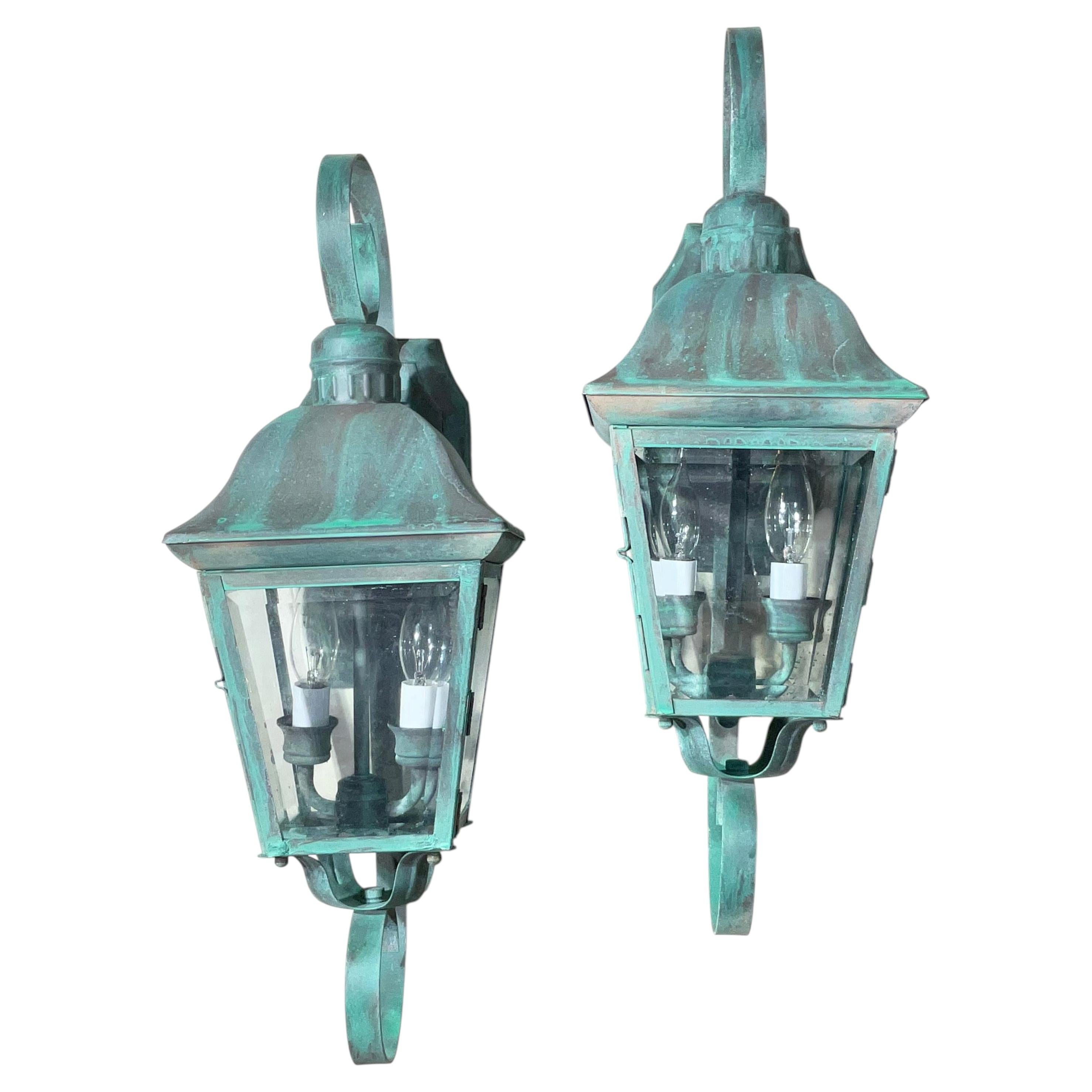 Pair Of Vintage Solid Brass Outdoor Wall Lanterns - 22”h x 7”.5 w x 7”.5 d