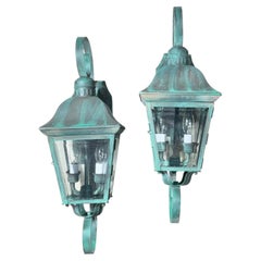 Pair Of Vintage Solid Brass Outdoor Wall Lanterns - 22”h x 7”.5 w x 7”.5 d