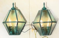 Pair Of Vintage Solid Brass Verdigris Hexagonal Wall Sconces