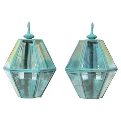 Pair Of Vintage Solid Brass Verdigris Hexagonal Wall Sconces