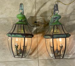 Vintage Solid Brass Wall Lanterns with Beveled Glass - Handcrafted USA