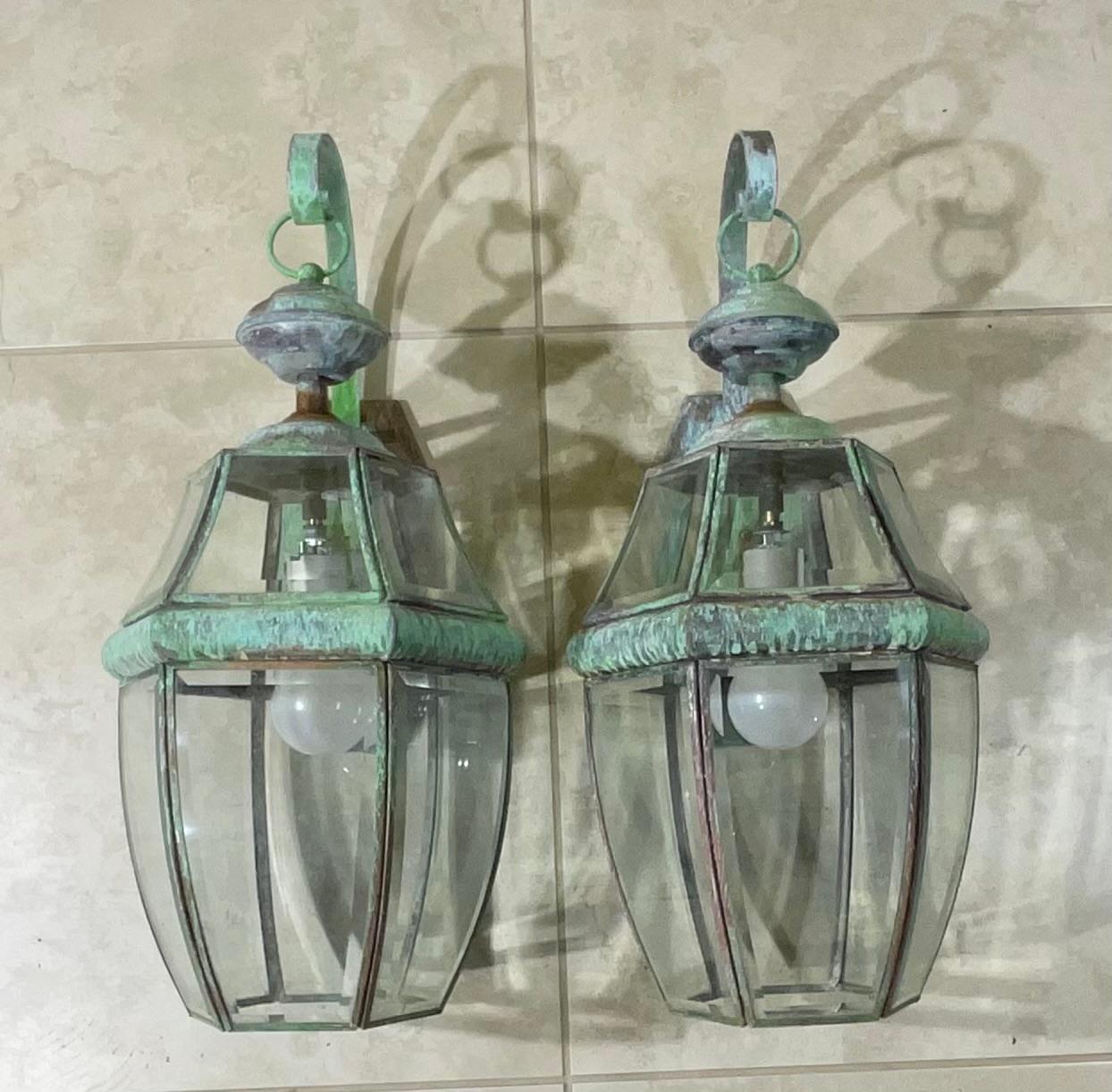 Hand-Crafted Pair of Vintage Solid Brass Wall Lantern