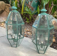 Pair of Vintage Solid Brass Wall Lanterns – Large Beveled Glass Sconces