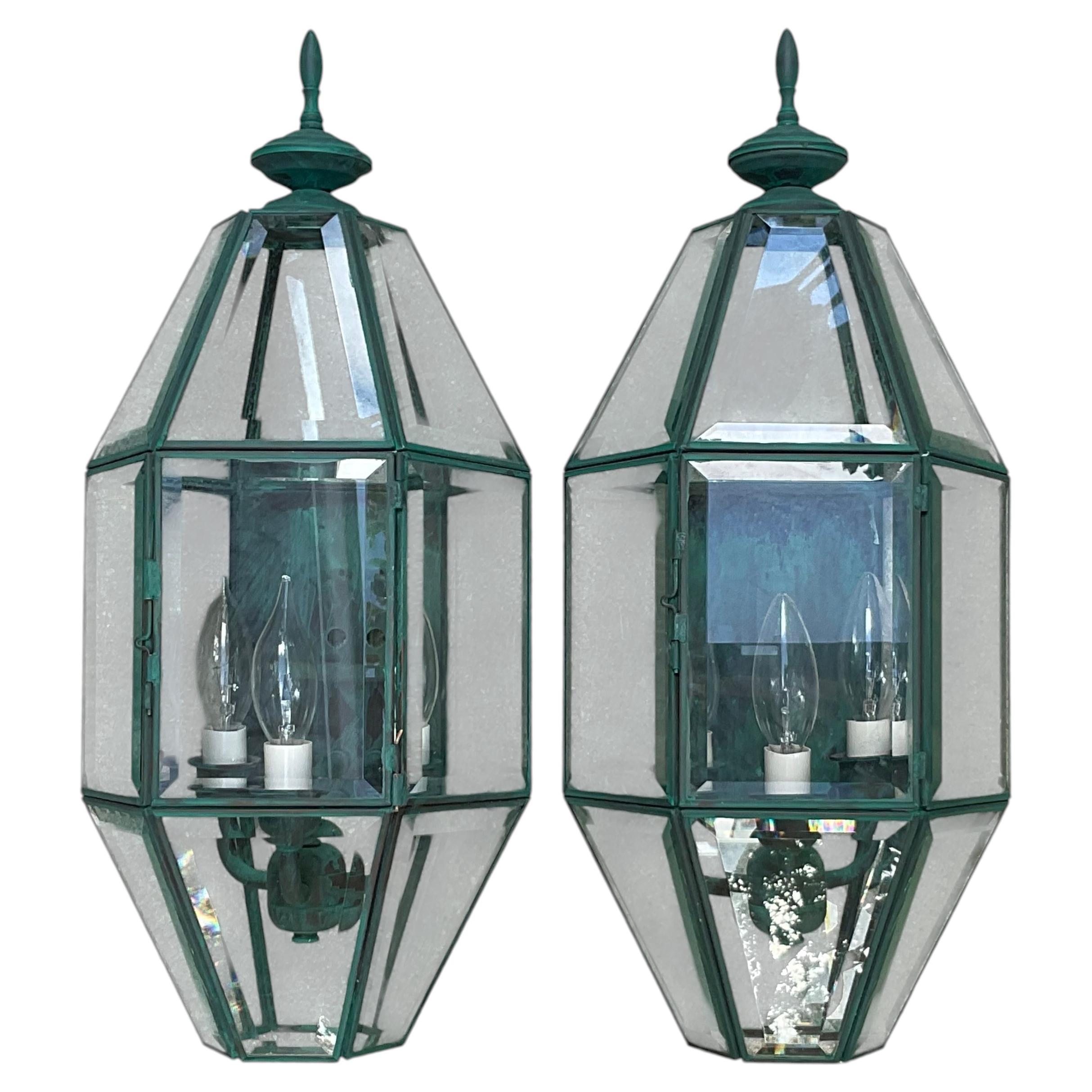 Pair of Vintage Solid Brass Wall Lanterns – Large Beveled Glass Sconces