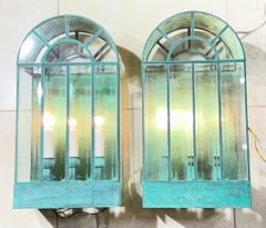 Pair of Vintage Solid Brass Wall Lanterns / Sconces With Rich Verdigris Patina