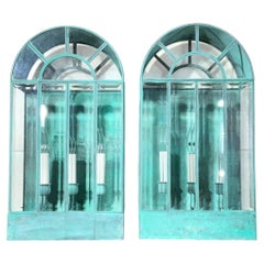 Pair of Vintage Solid Brass Wall Lanterns / Sconces With Rich Verdigris Patina