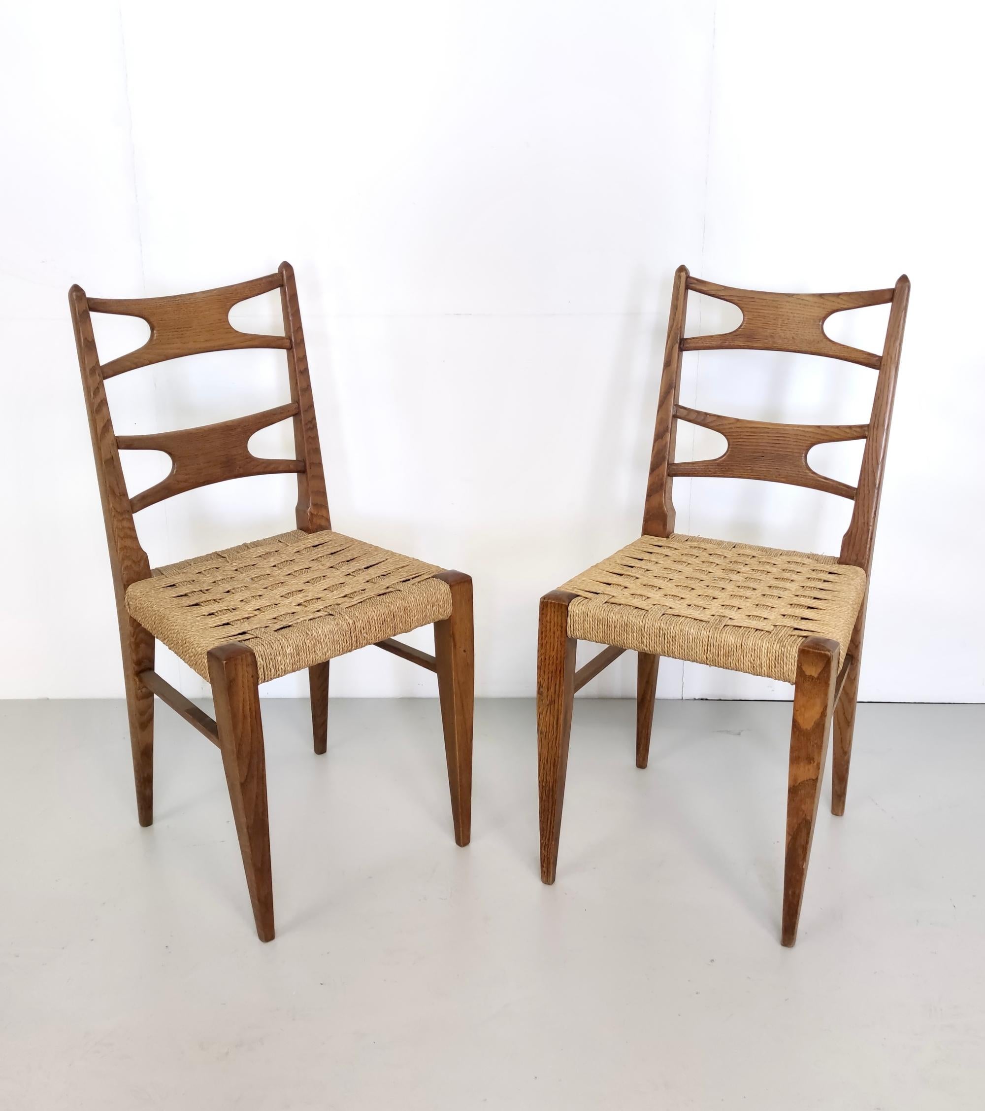 Mid-Century Modern Pair of Vintage Solid Durmast and Rattan Chairs, Italy For Sale