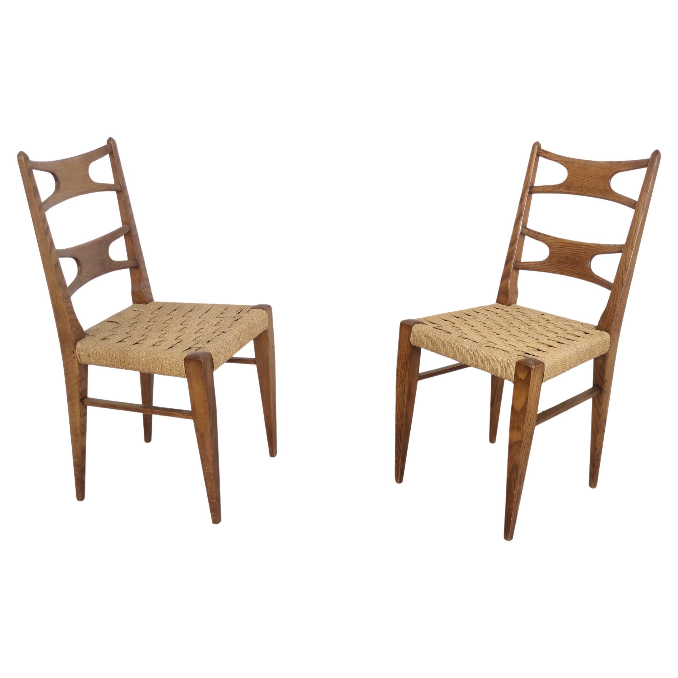 Pair of Vintage Solid Durmast and Rattan Chairs, Italy For Sale