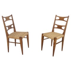 Pair of Used Solid Durmast and Rattan Chairs, Italy