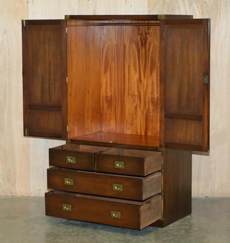 Pair of Vintage Solid Hardwood & Brass Military Campaign Wardrobes with Drawers For Sale 5