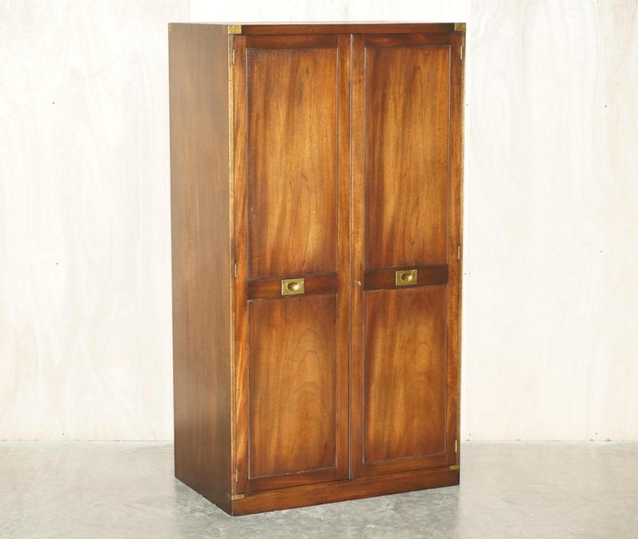 Pair of Vintage Solid Hardwood & Brass Military Campaign Wardrobes with Drawers For Sale 6