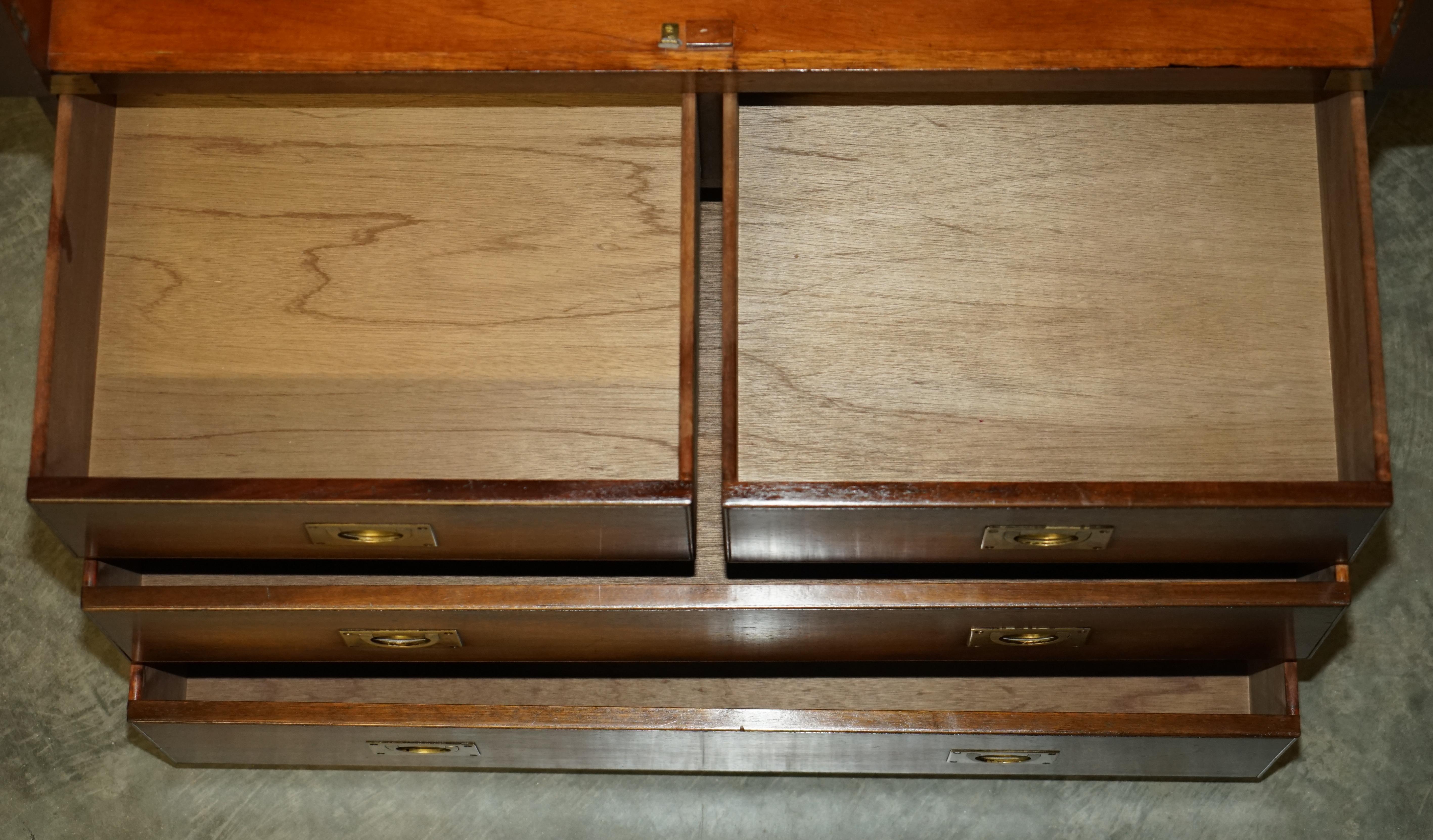 Pair of Vintage Solid Hardwood & Brass Military Campaign Wardrobes with Drawers 8