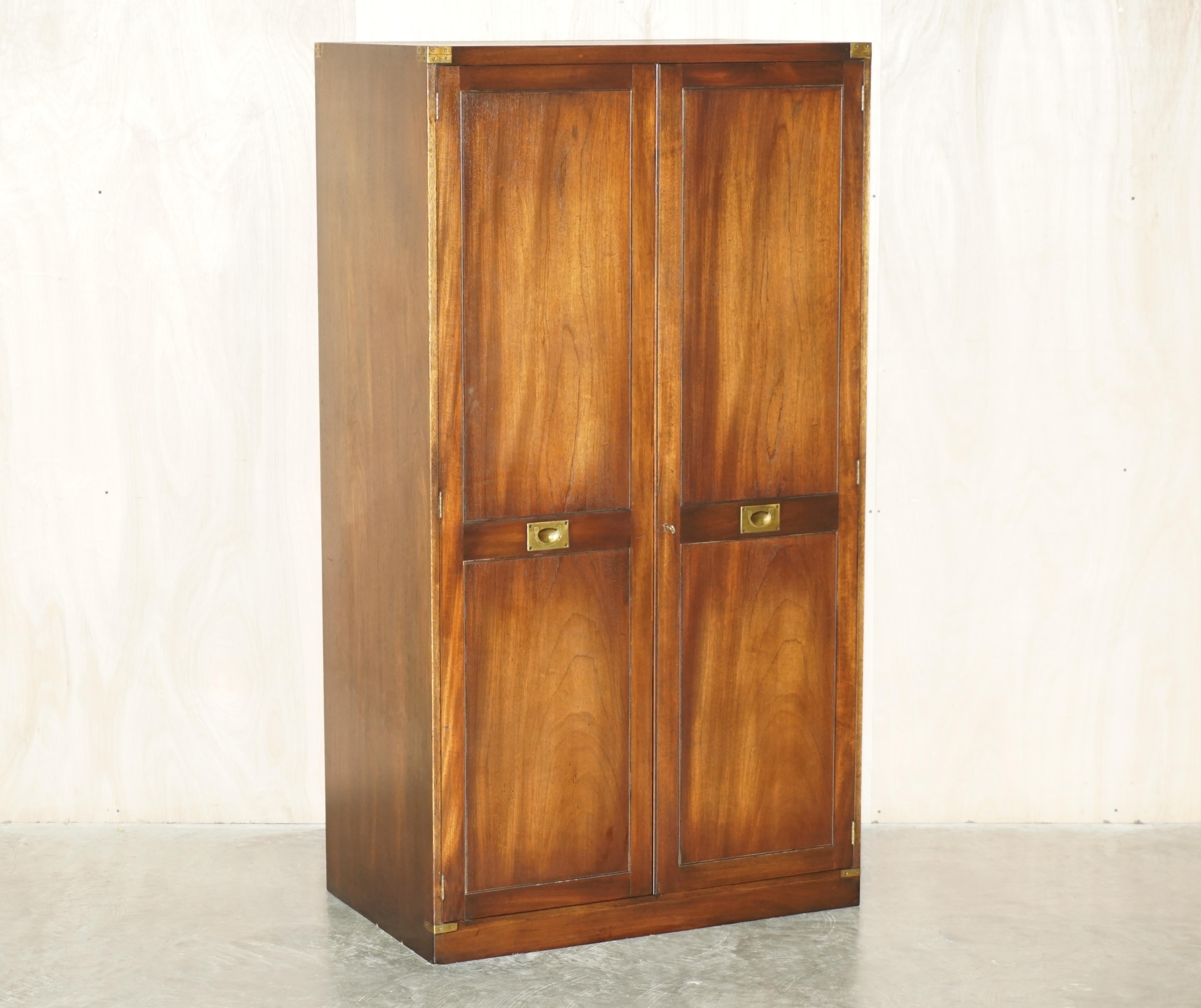 Pair of Vintage Solid Hardwood & Brass Military Campaign Wardrobes with Drawers For Sale 9