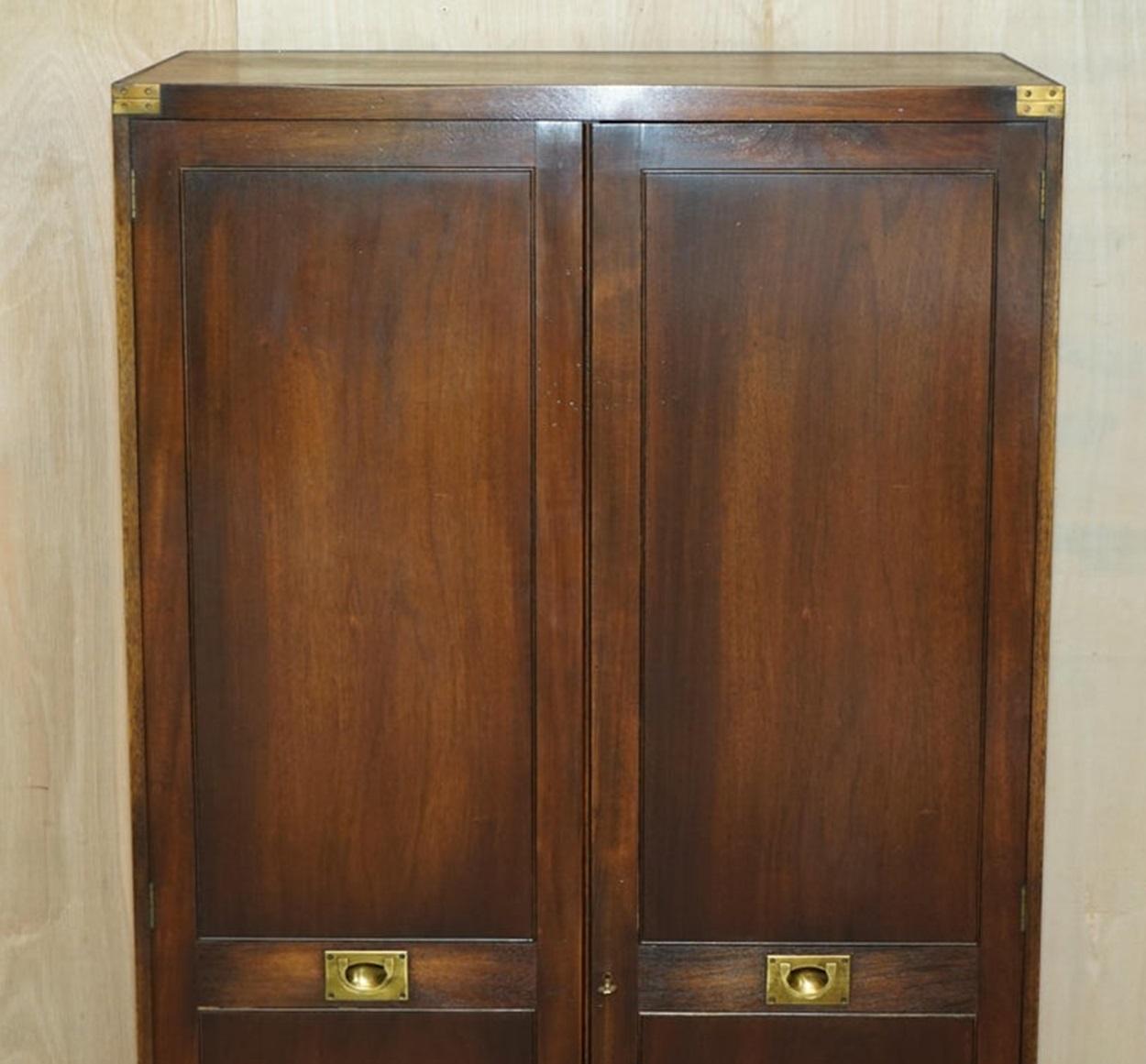 Pair of Vintage Solid Hardwood & Brass Military Campaign Wardrobes with Drawers For Sale 8