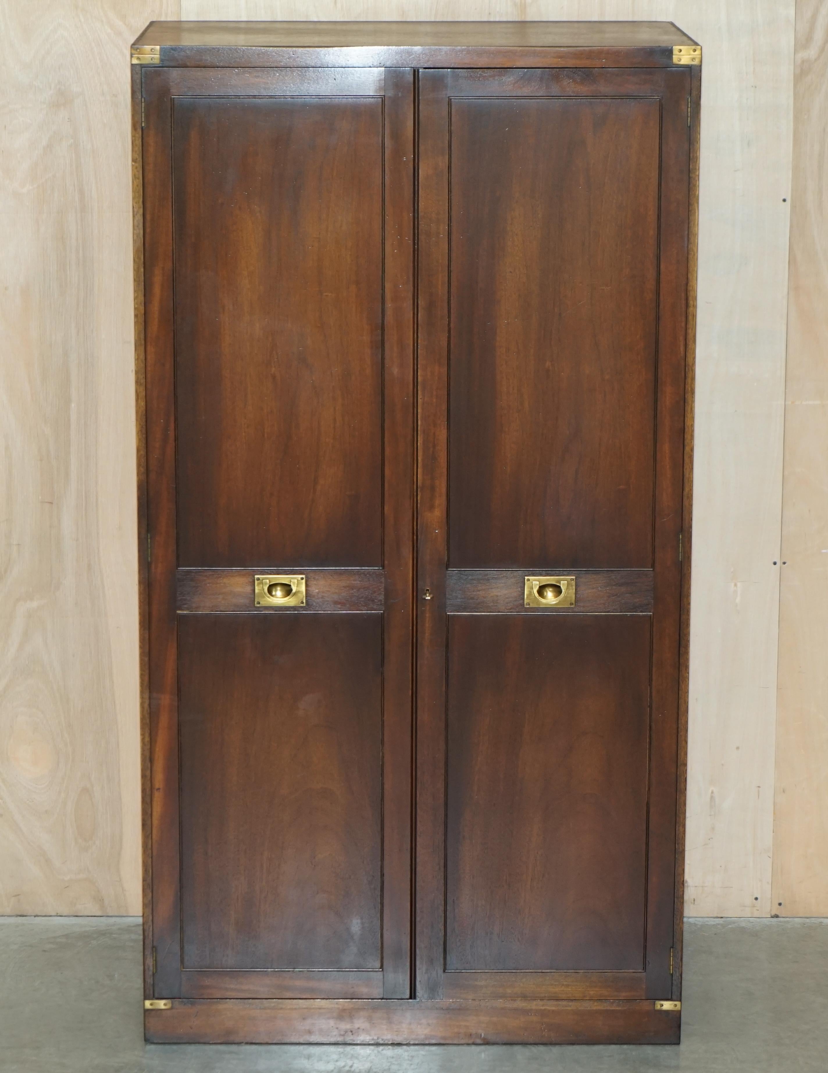 Pair of Vintage Solid Hardwood & Brass Military Campaign Wardrobes with Drawers For Sale 10
