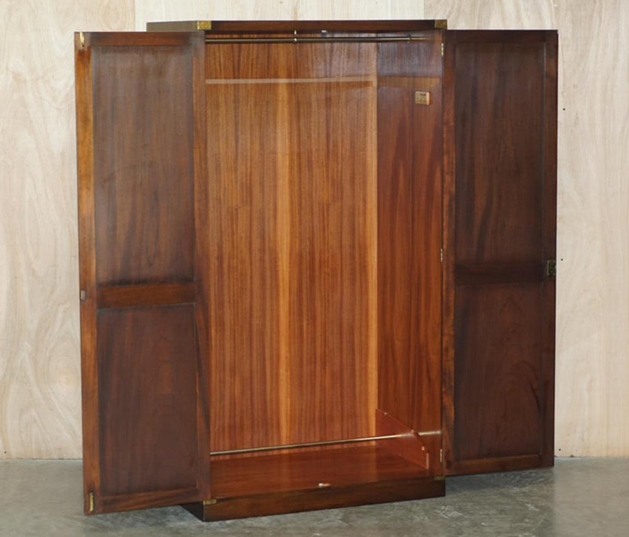 Pair of Vintage Solid Hardwood & Brass Military Campaign Wardrobes with Drawers For Sale 9