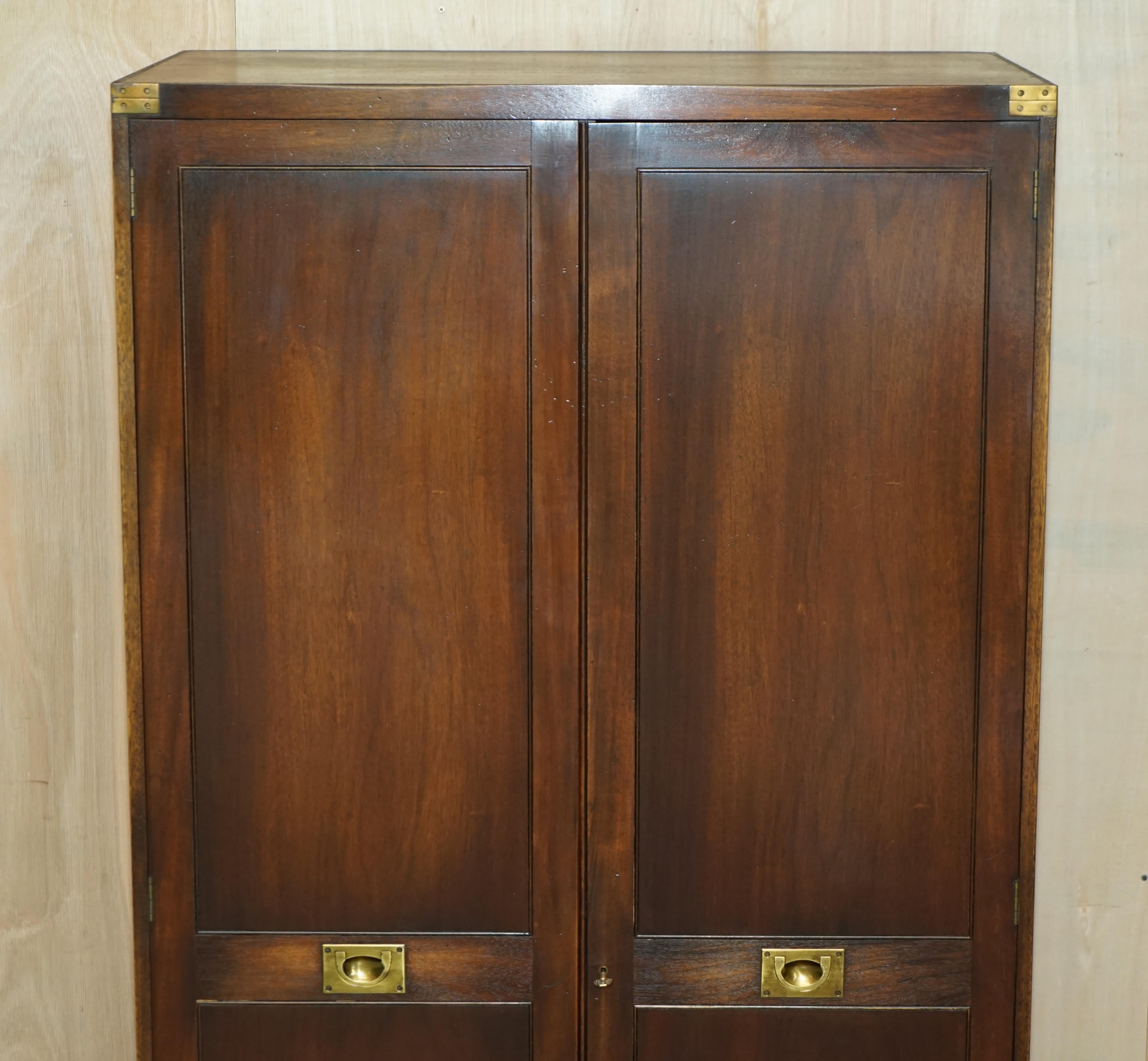 Pair of Vintage Solid Hardwood & Brass Military Campaign Wardrobes with Drawers For Sale 11
