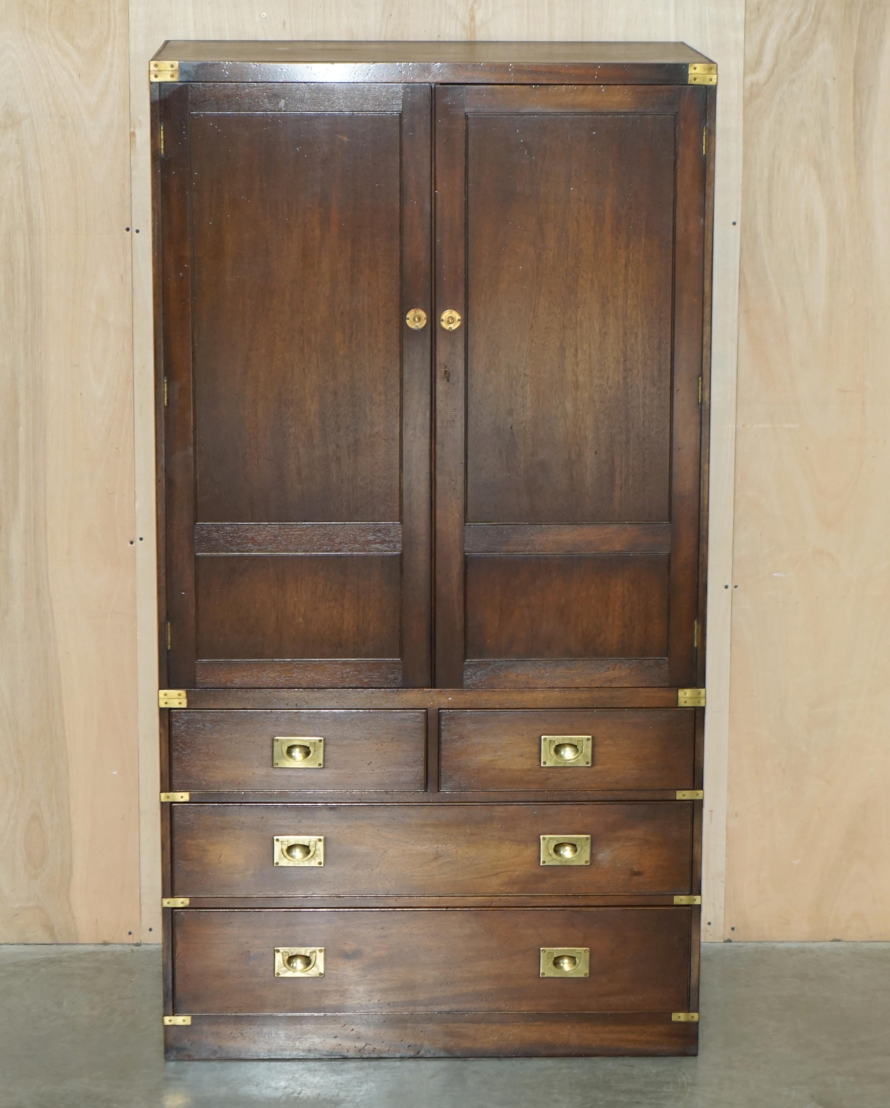 Hand-Crafted Pair of Vintage Solid Hardwood & Brass Military Campaign Wardrobes with Drawers For Sale