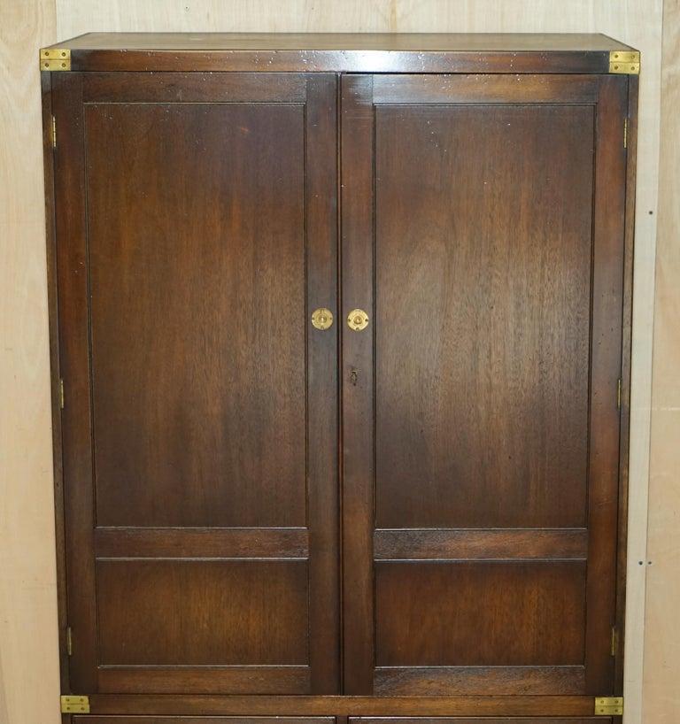 Hand-Crafted Pair of Vintage Solid Hardwood & Brass Military Campaign Wardrobes with Drawers For Sale