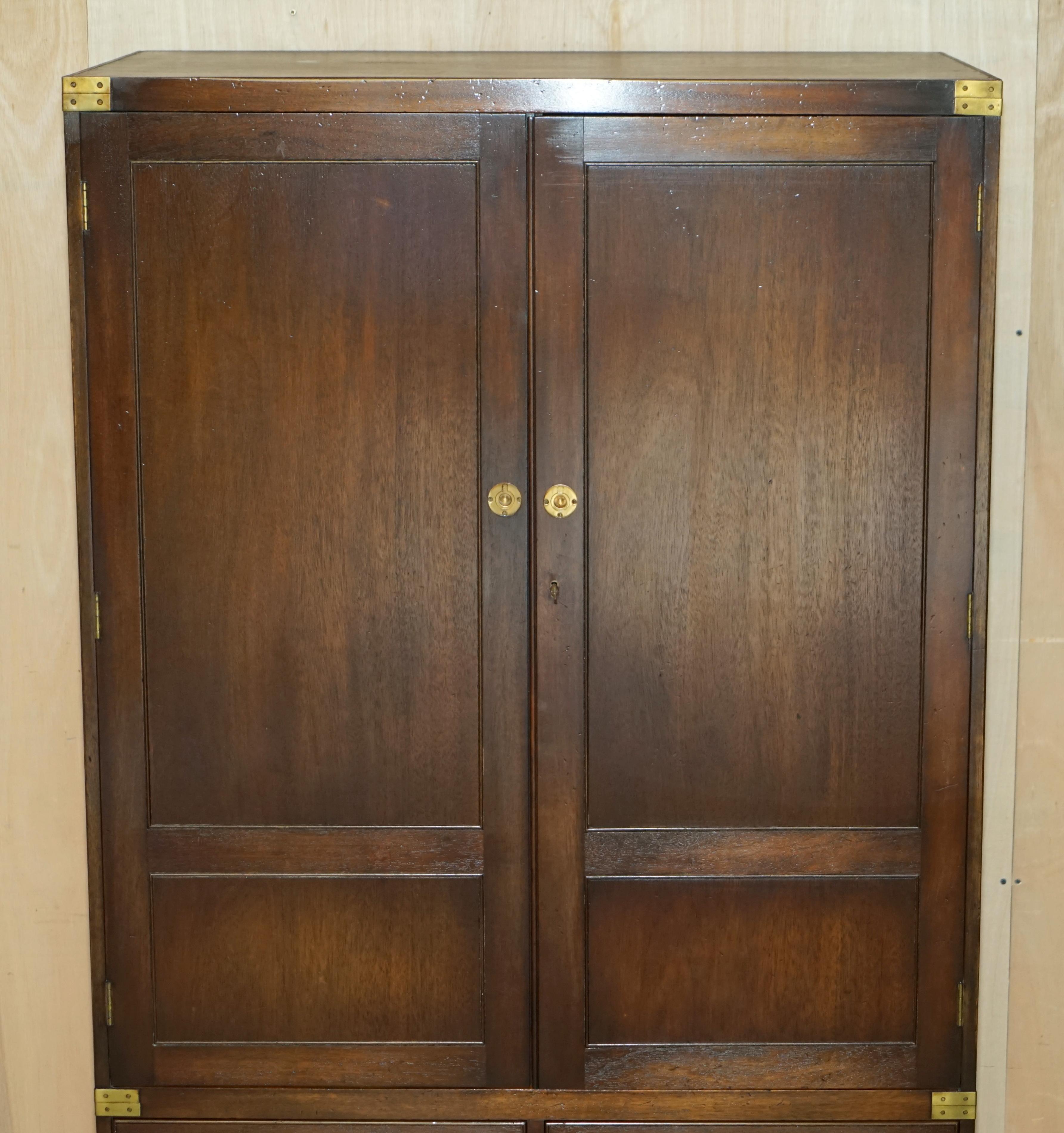20th Century Pair of Vintage Solid Hardwood & Brass Military Campaign Wardrobes with Drawers For Sale