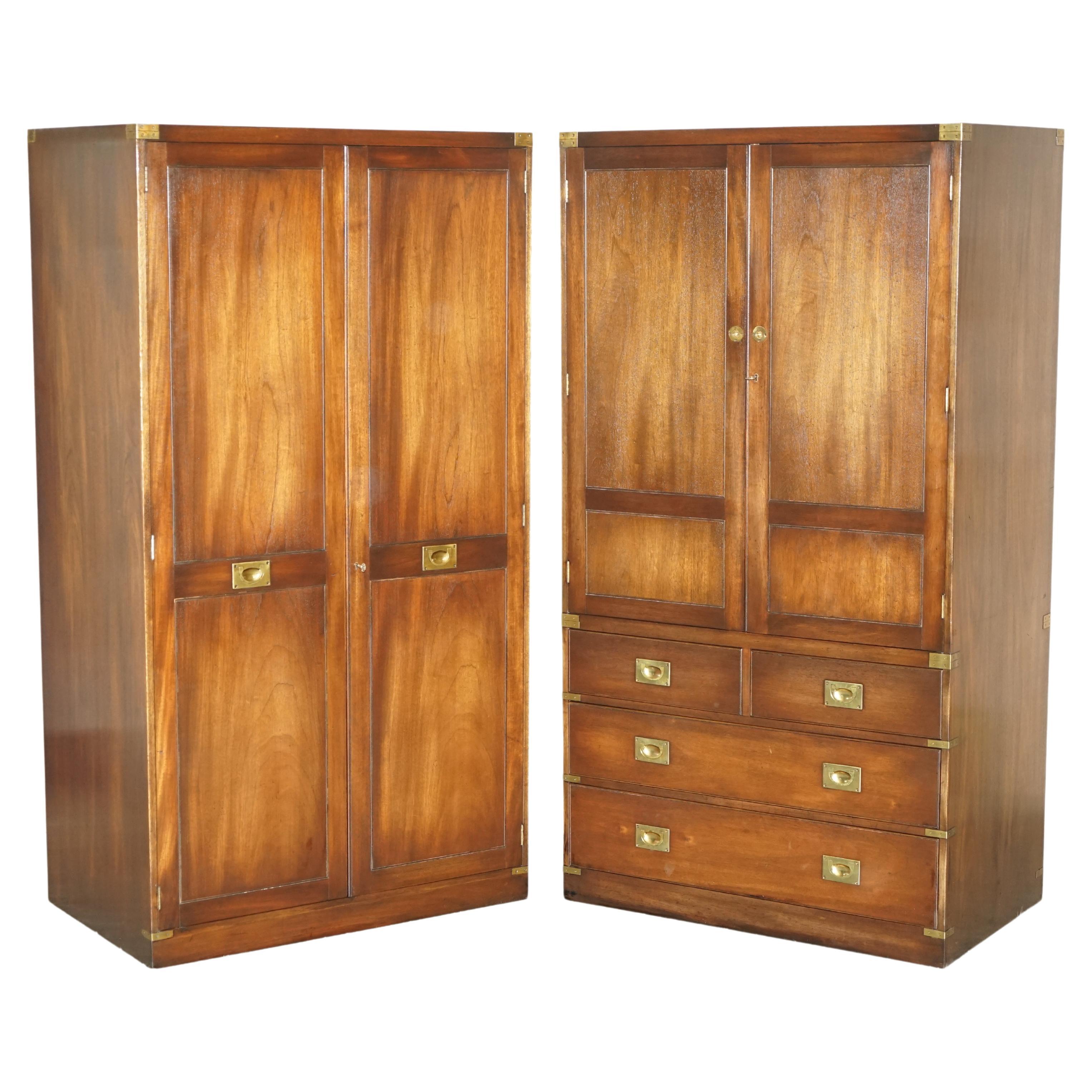 Pair of Vintage Solid Hardwood & Brass Military Campaign Wardrobes with Drawers For Sale