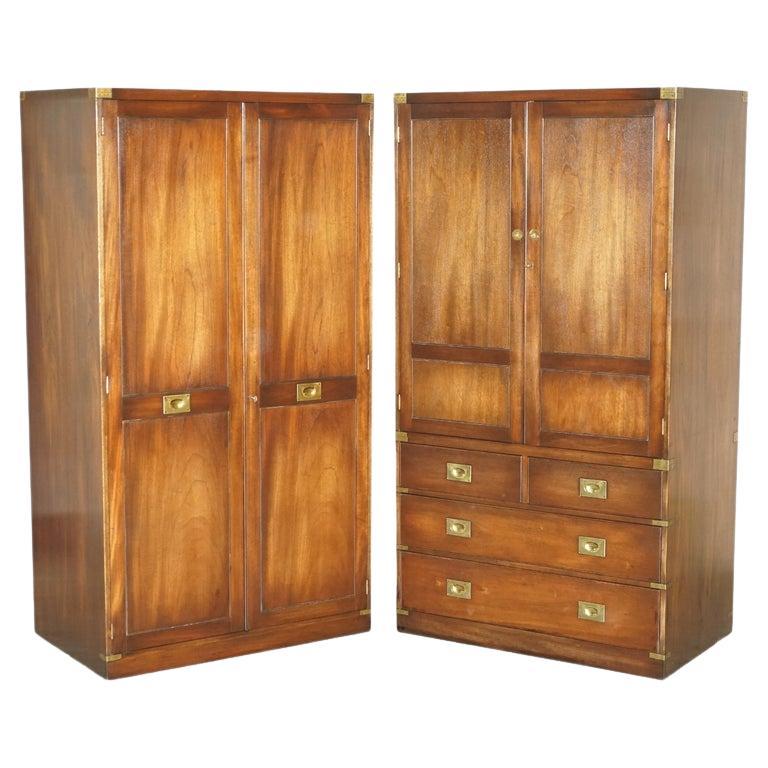 Pair of Vintage Solid Hardwood & Brass Military Campaign Wardrobes with Drawers For Sale