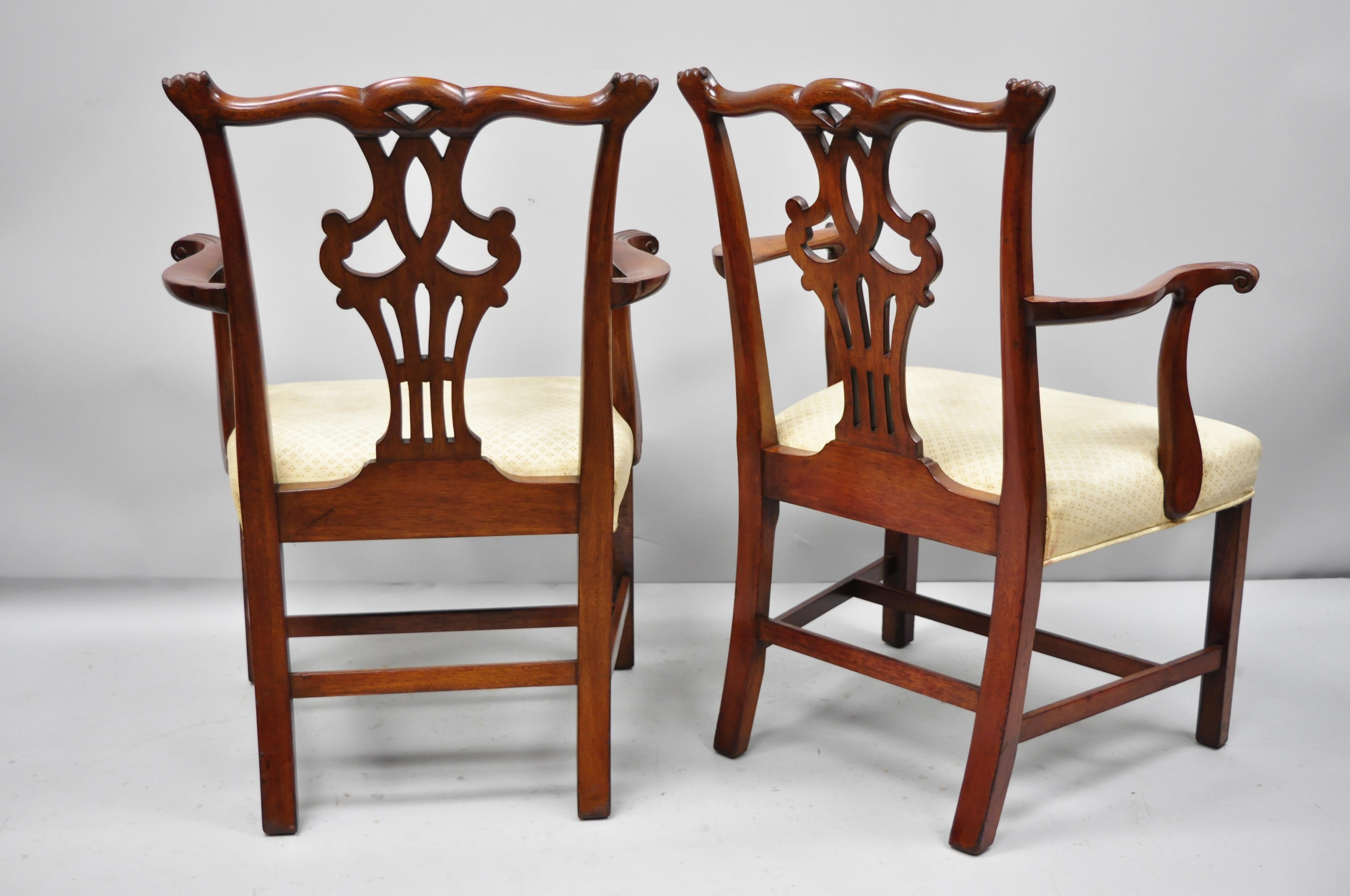Pair of Vintage Solid Mahogany Chippendale Style Dining Chairs Armchairs 2
