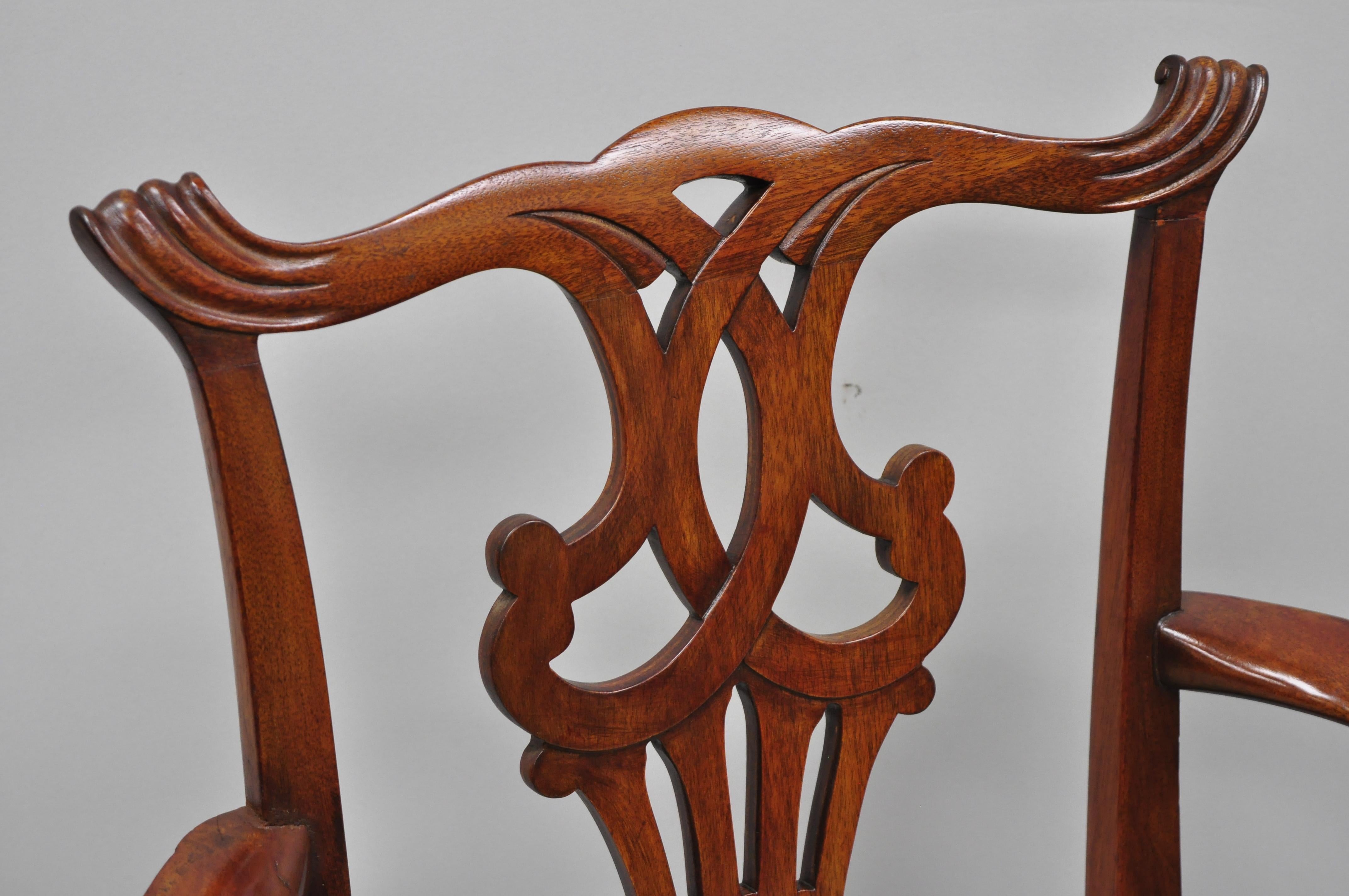 American Pair of Vintage Solid Mahogany Chippendale Style Dining Chairs Armchairs