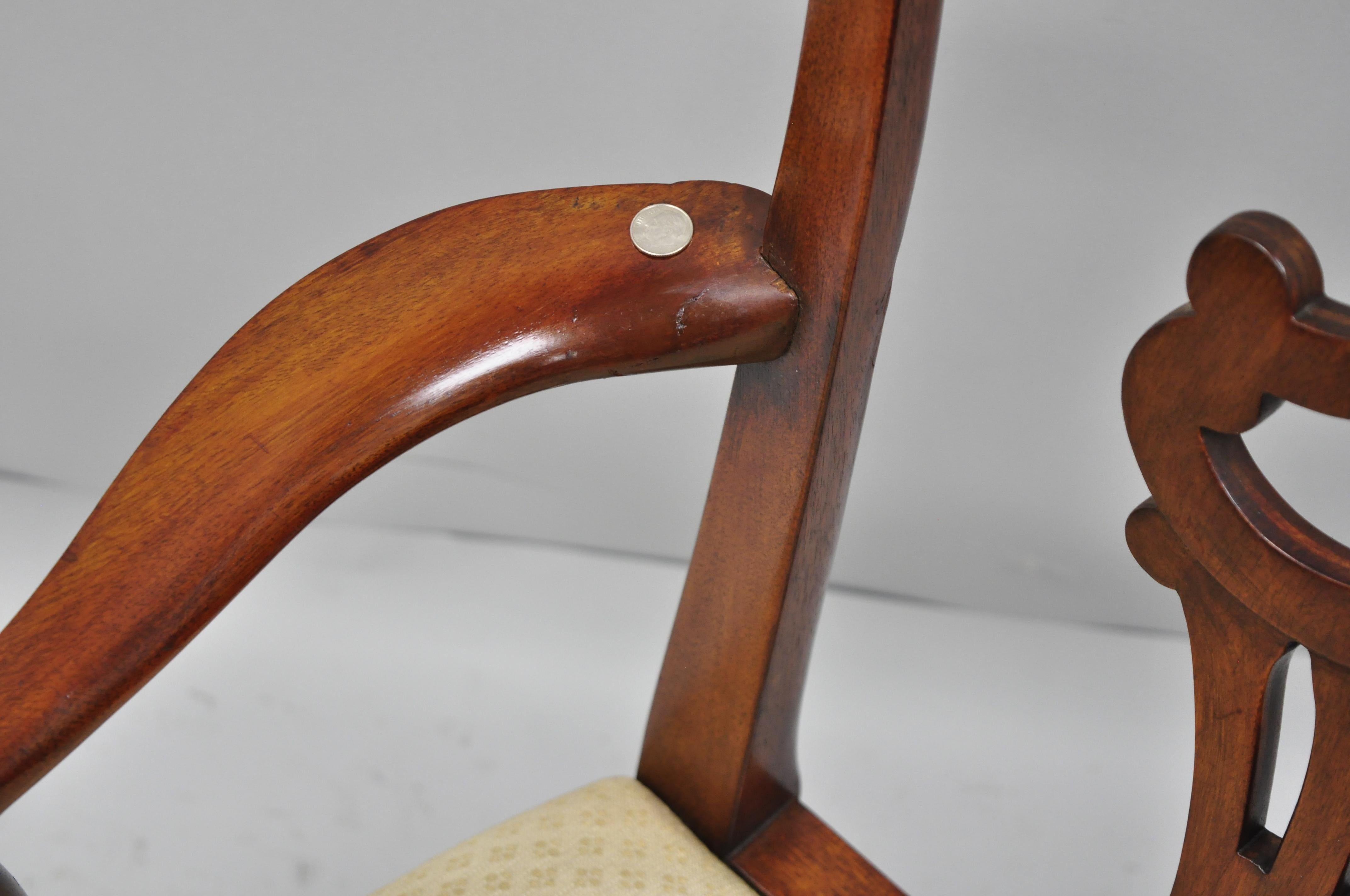 Pair of Vintage Solid Mahogany Chippendale Style Dining Chairs Armchairs In Good Condition In Philadelphia, PA
