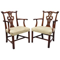 Pair of Vintage Solid Mahogany Chippendale Style Dining Chairs Armchairs