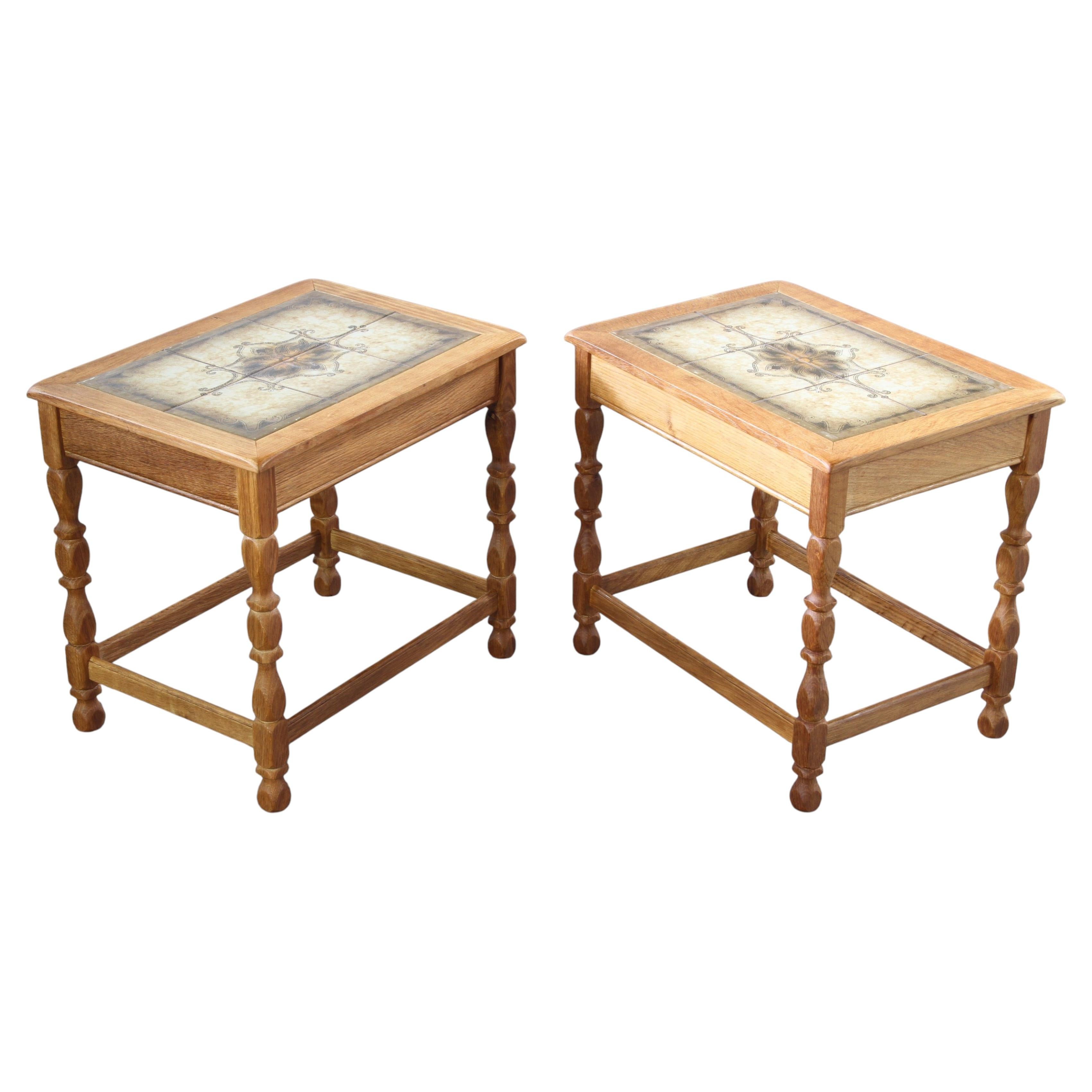 Pair of Vintage Solid Oak Brutalist Danish Side Tables, H. Kjærnulf style, 1960s