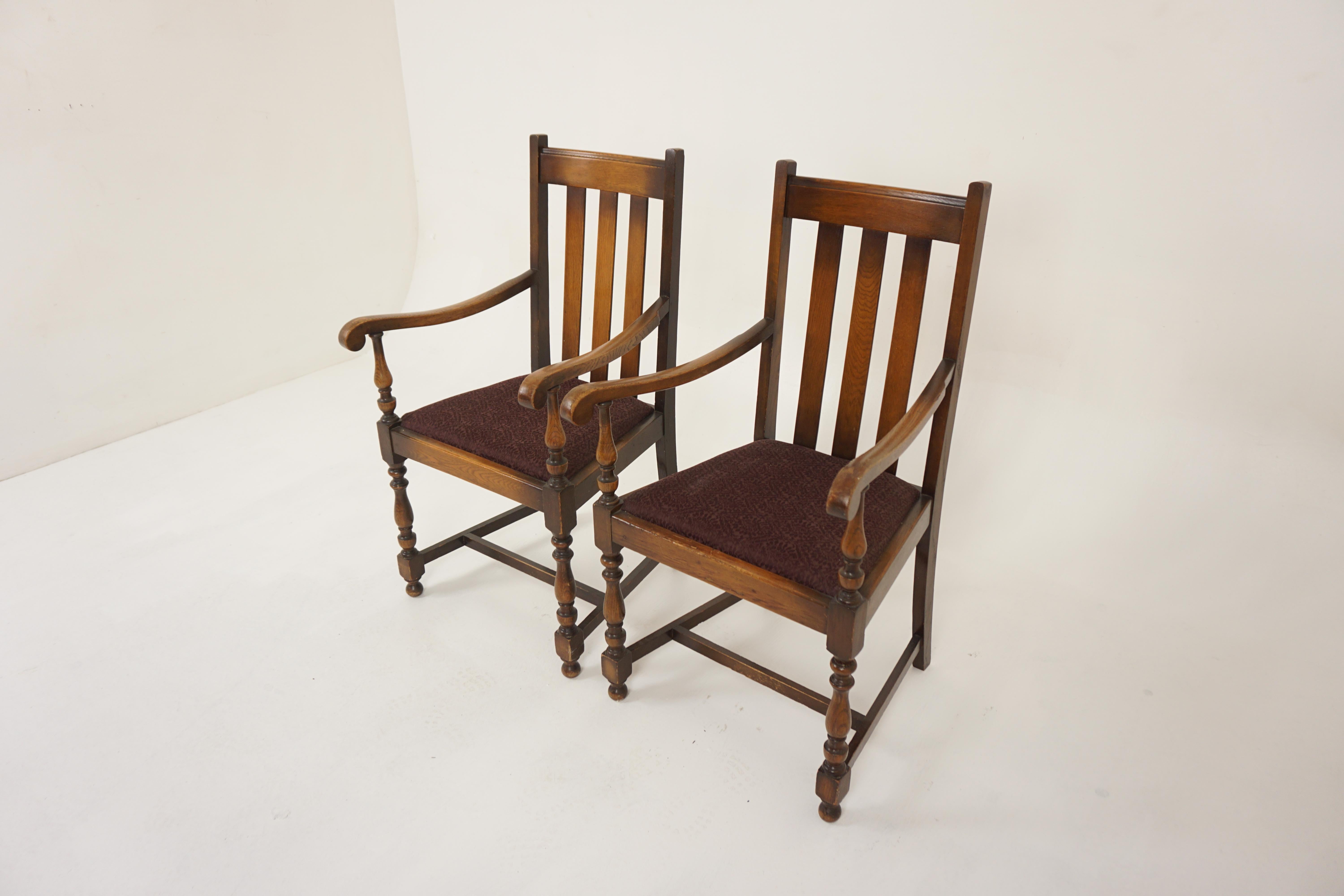 Pair Of Vintage Solid Oak High Back Chairs, Lift Out Seats, Scotland 1920, H1202 

Scotland 1920
Solid Oak
Original Finish
Top rail with three vertical slats
Upholstered seat lifts out making it easy to recover
All standing on turned legs to the