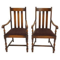 Pair Of Antique Solid Oak High Back Chairs, Lift Out Seats, Scotland 1920, H1202