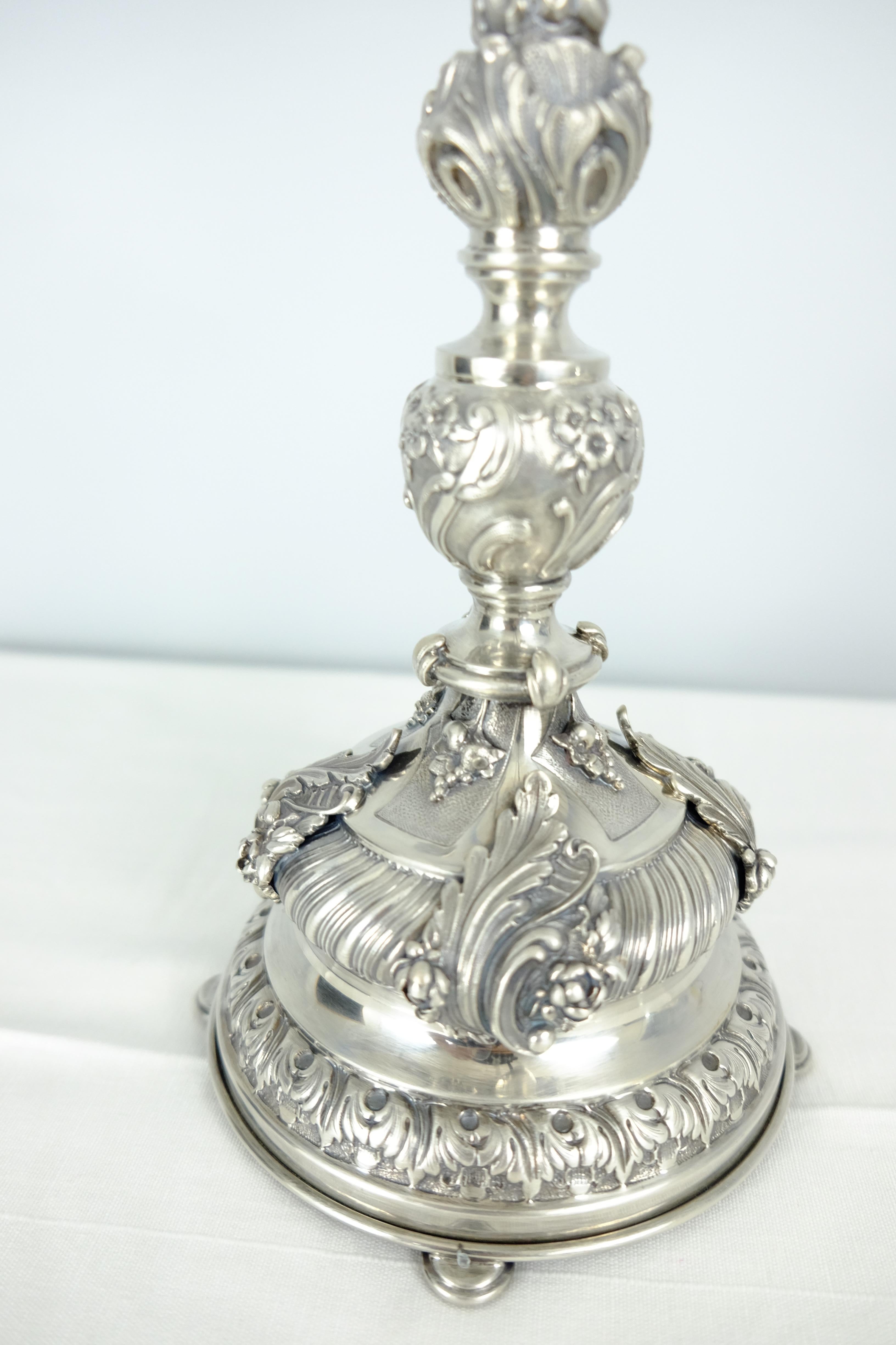 Mid-20th Century Pair of Vintage Solid Sterling Silver Handmade Baroque Candelabra Made in Italy For Sale