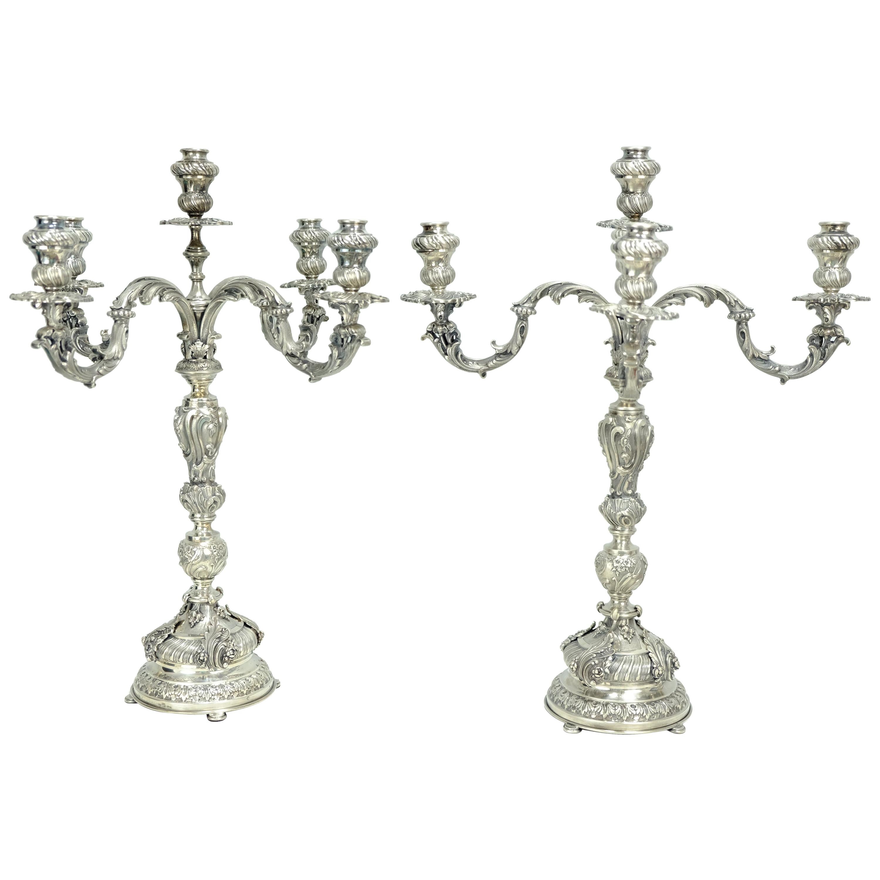 Pair of Vintage Solid Sterling Silver Handmade Baroque Candelabra Made in Italy For Sale