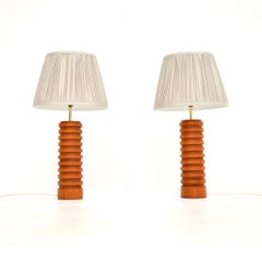 Pair of Vintage Solid Teak and Brass Table Lamps