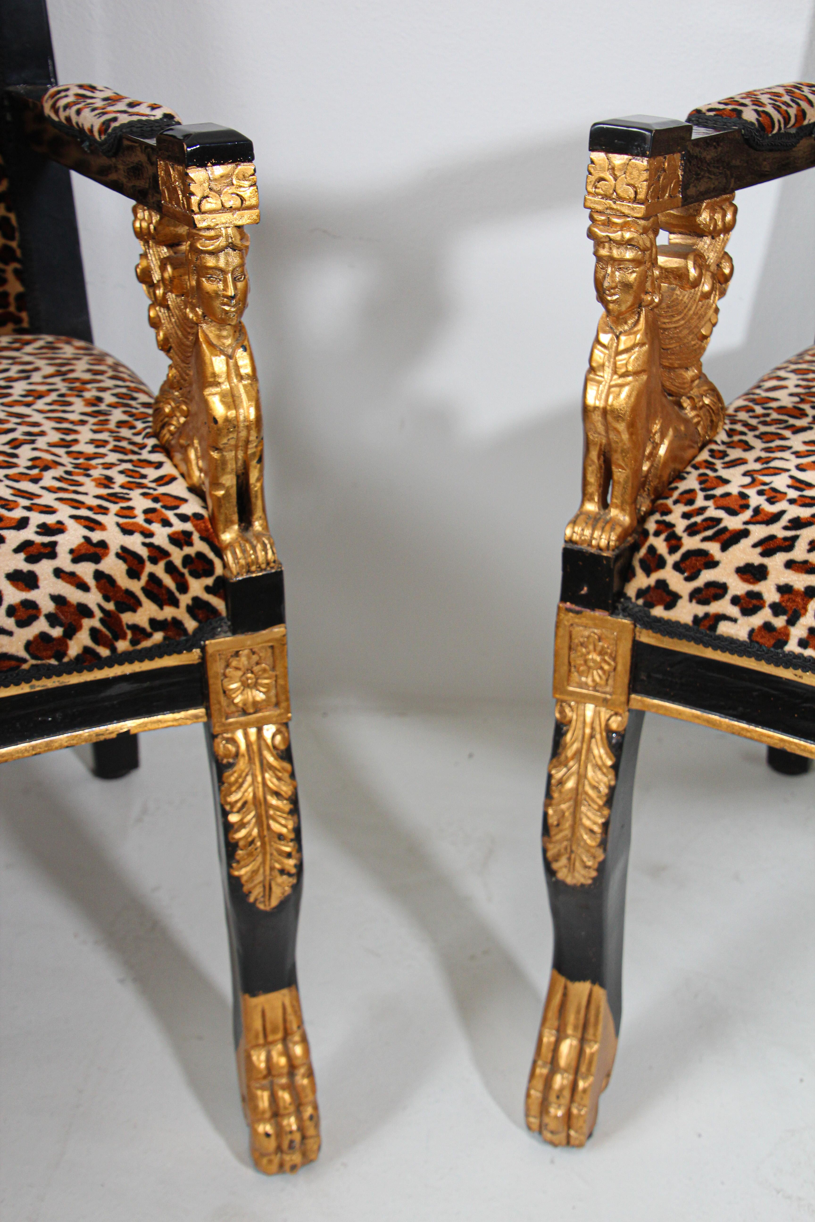 Pair of Vintage Sphinx Egyptian Revival Leopard Print Armchairs 10