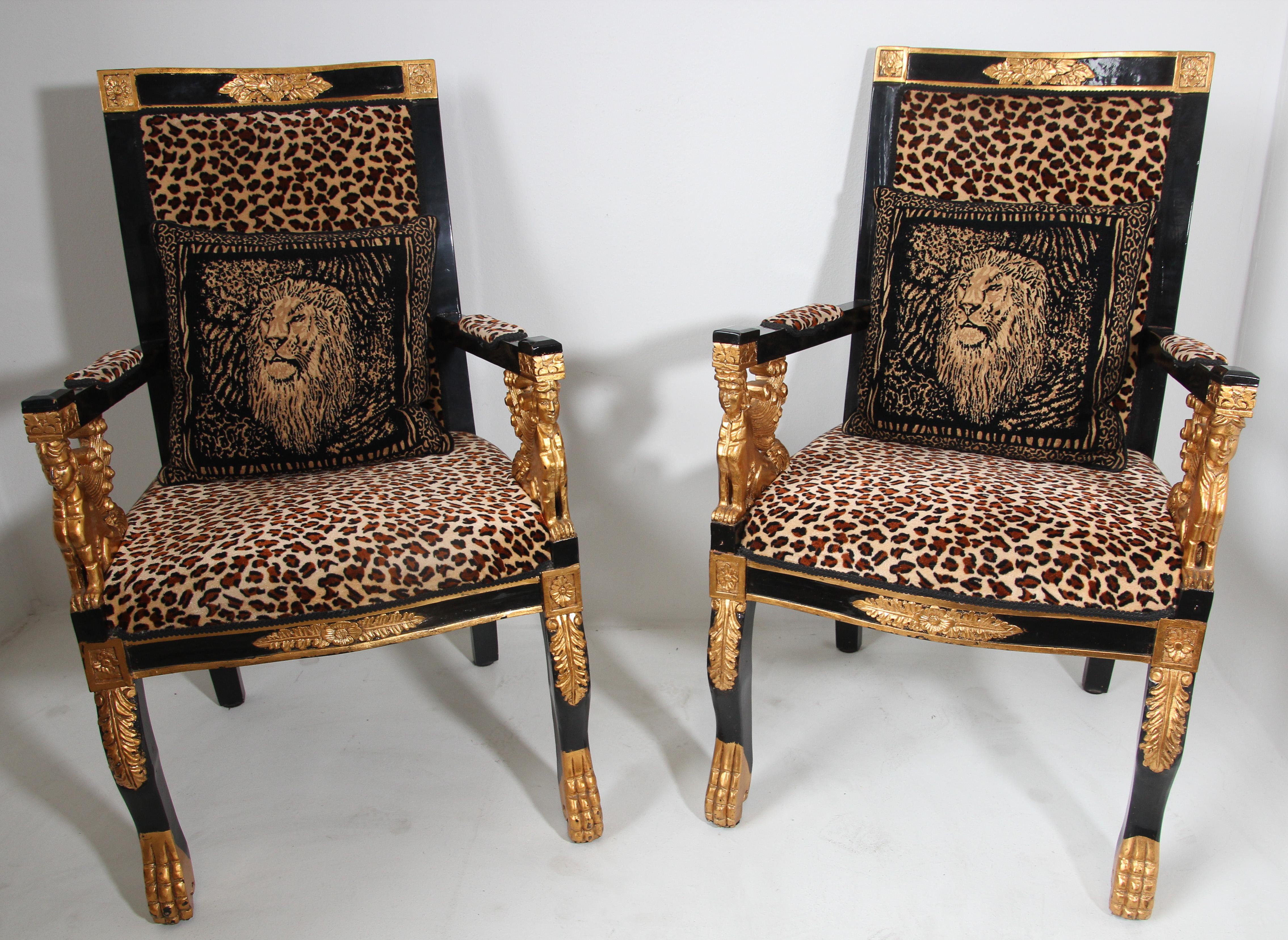 Pair of Vintage Sphinx Egyptian Revival Leopard Print Armchairs 11