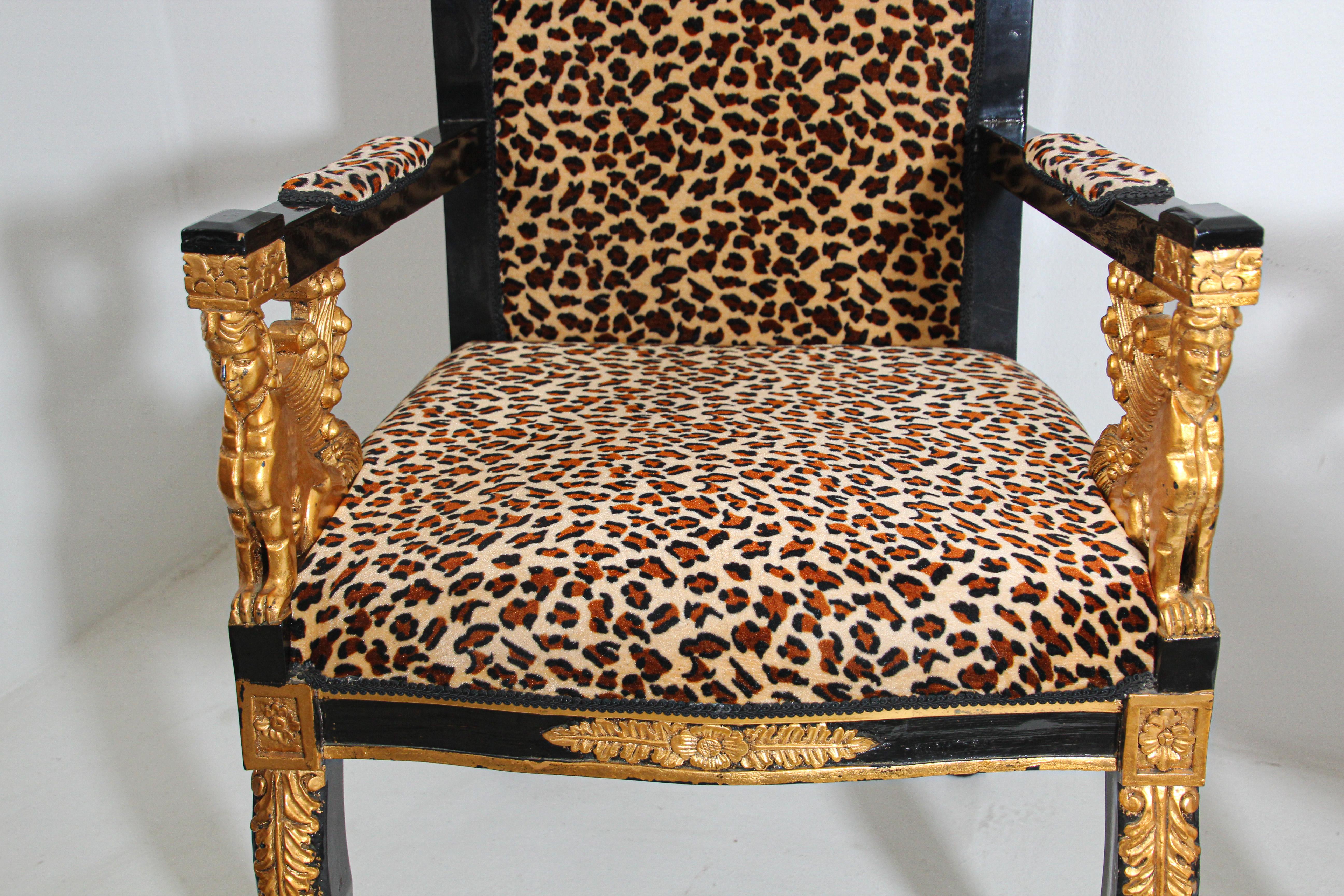 Pair of Vintage Sphinx Egyptian Revival Leopard Print Armchairs 12