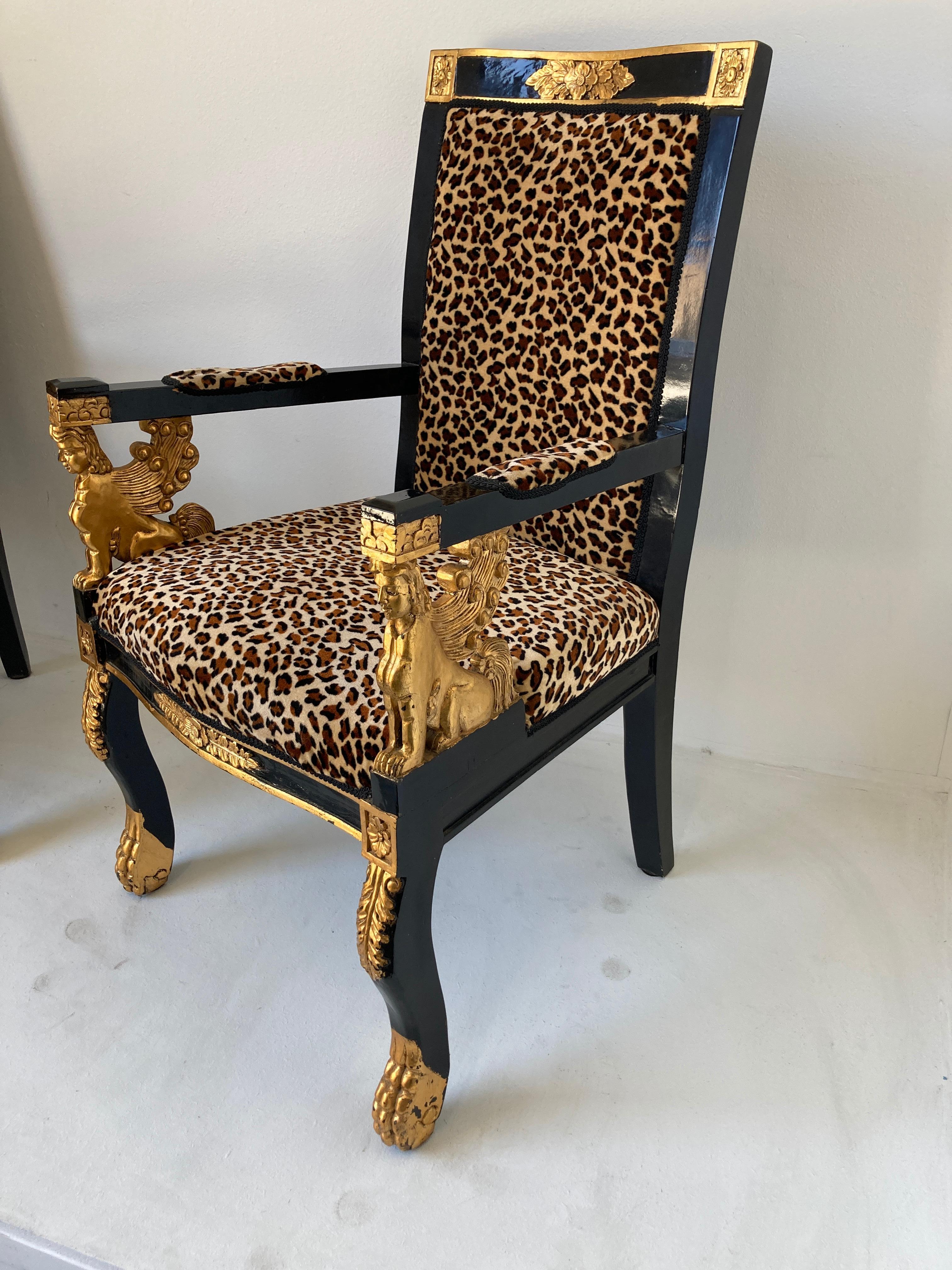 Painted Pair of Vintage Sphinx Egyptian Revival Leopard Print Armchairs