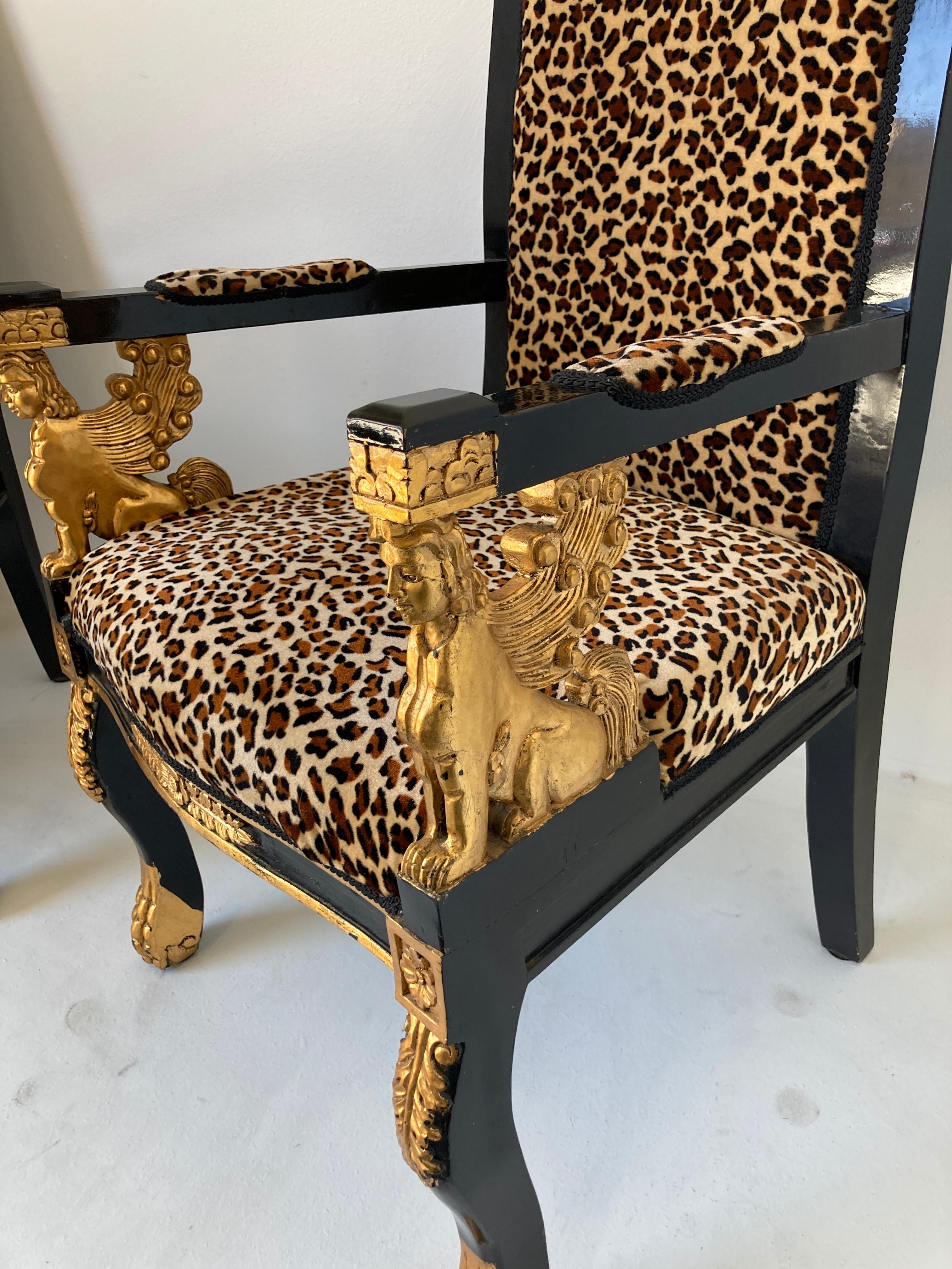 Pair of Vintage Sphinx Egyptian Revival Leopard Print Armchairs In Good Condition In North Hollywood, CA