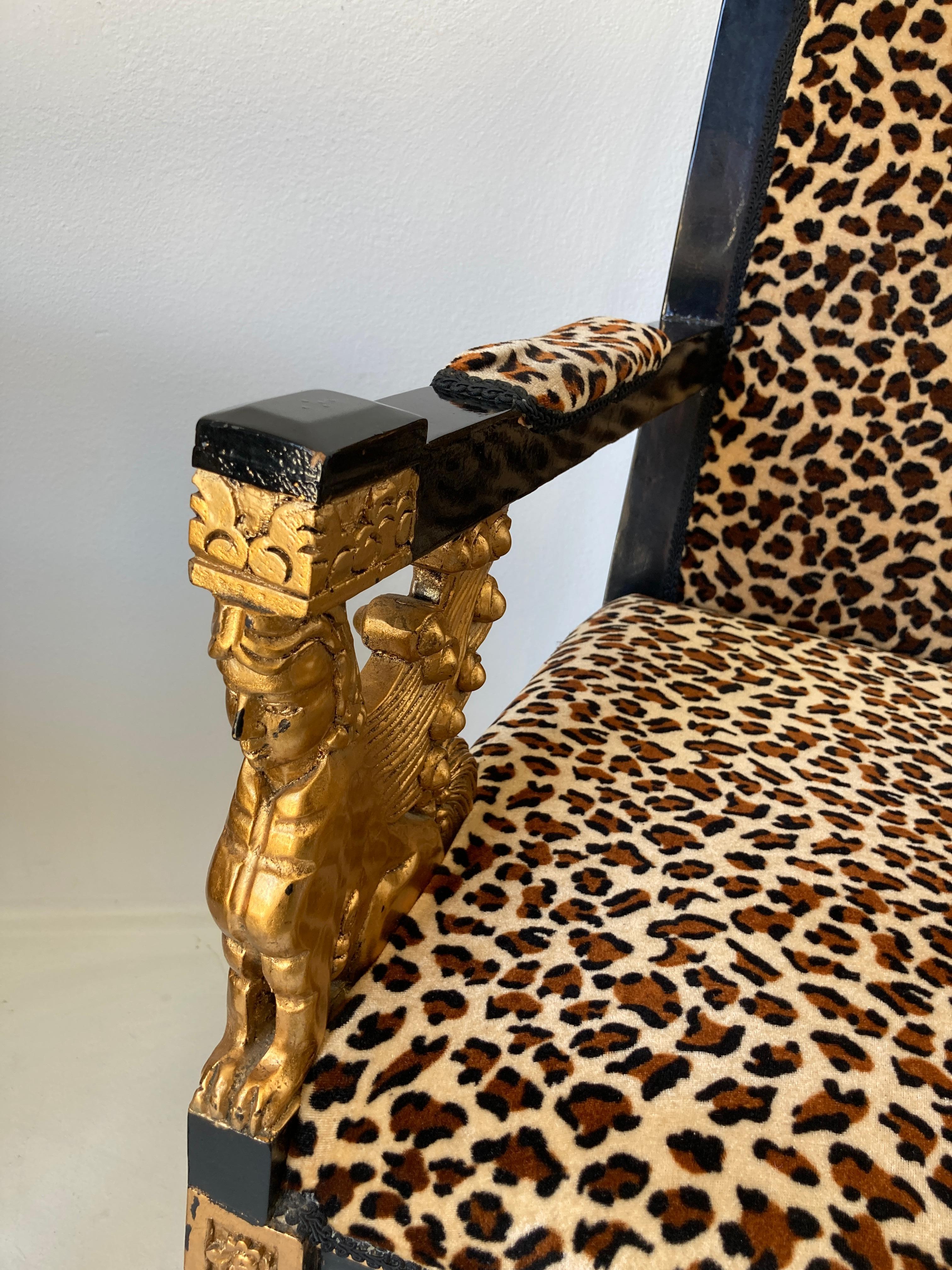20th Century Pair of Vintage Sphinx Egyptian Revival Leopard Print Armchairs