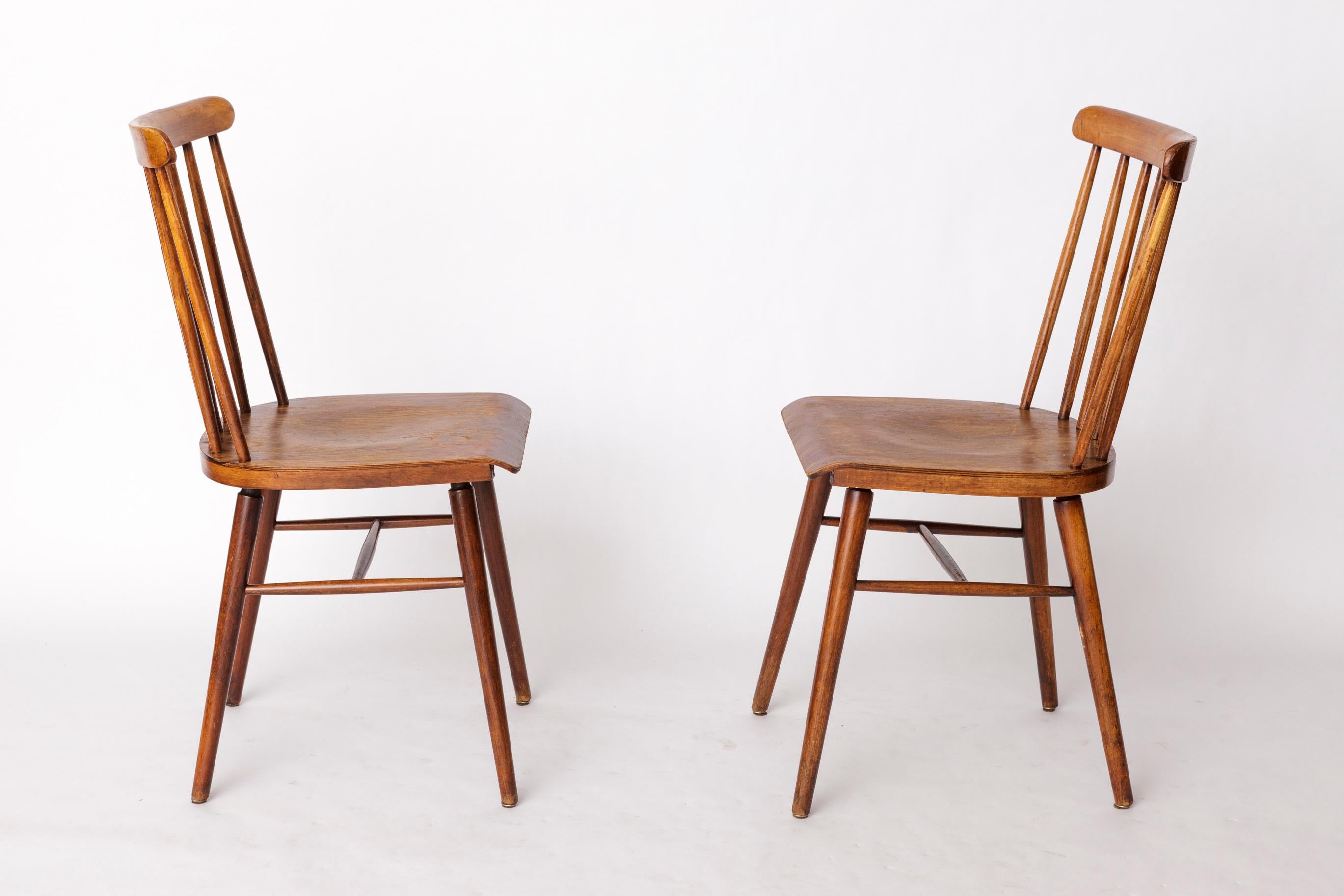 German Pair of Vintage Spindle Back Chairs – 1970s Beech Wood, Restored Rustic Seating For Sale