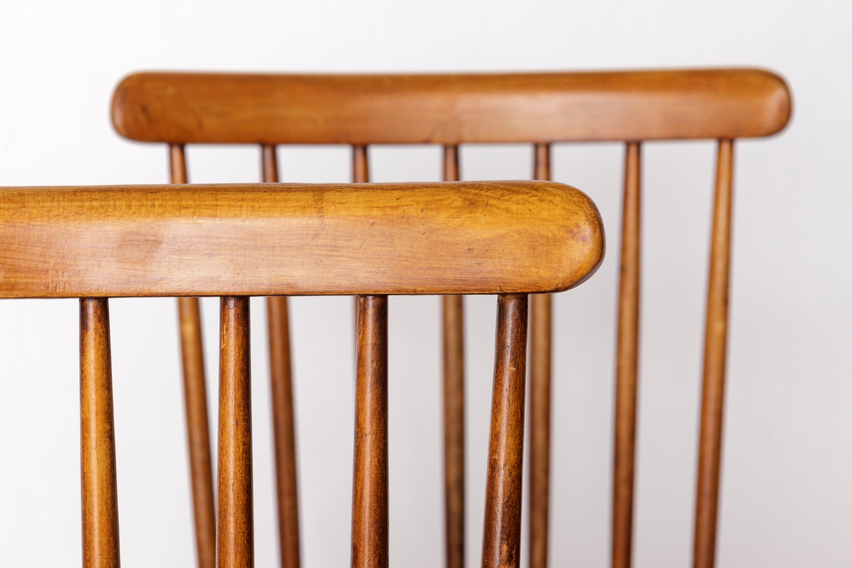 Polished Pair of Vintage Spindle Back Chairs – 1970s Beech Wood, Restored Rustic Seating For Sale