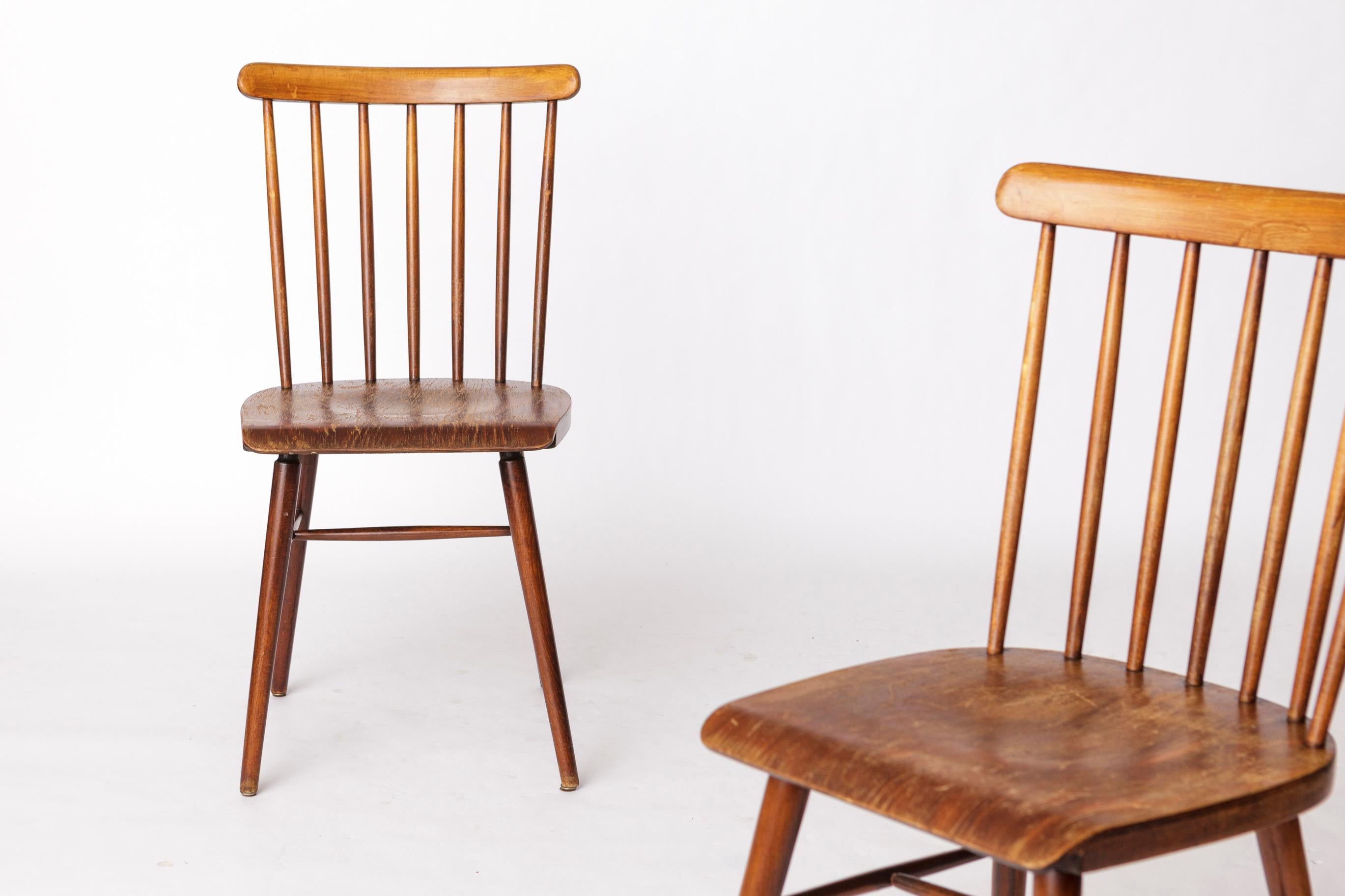 Late 20th Century Pair of Vintage Spindle Back Chairs – 1970s Beech Wood, Restored Rustic Seating For Sale