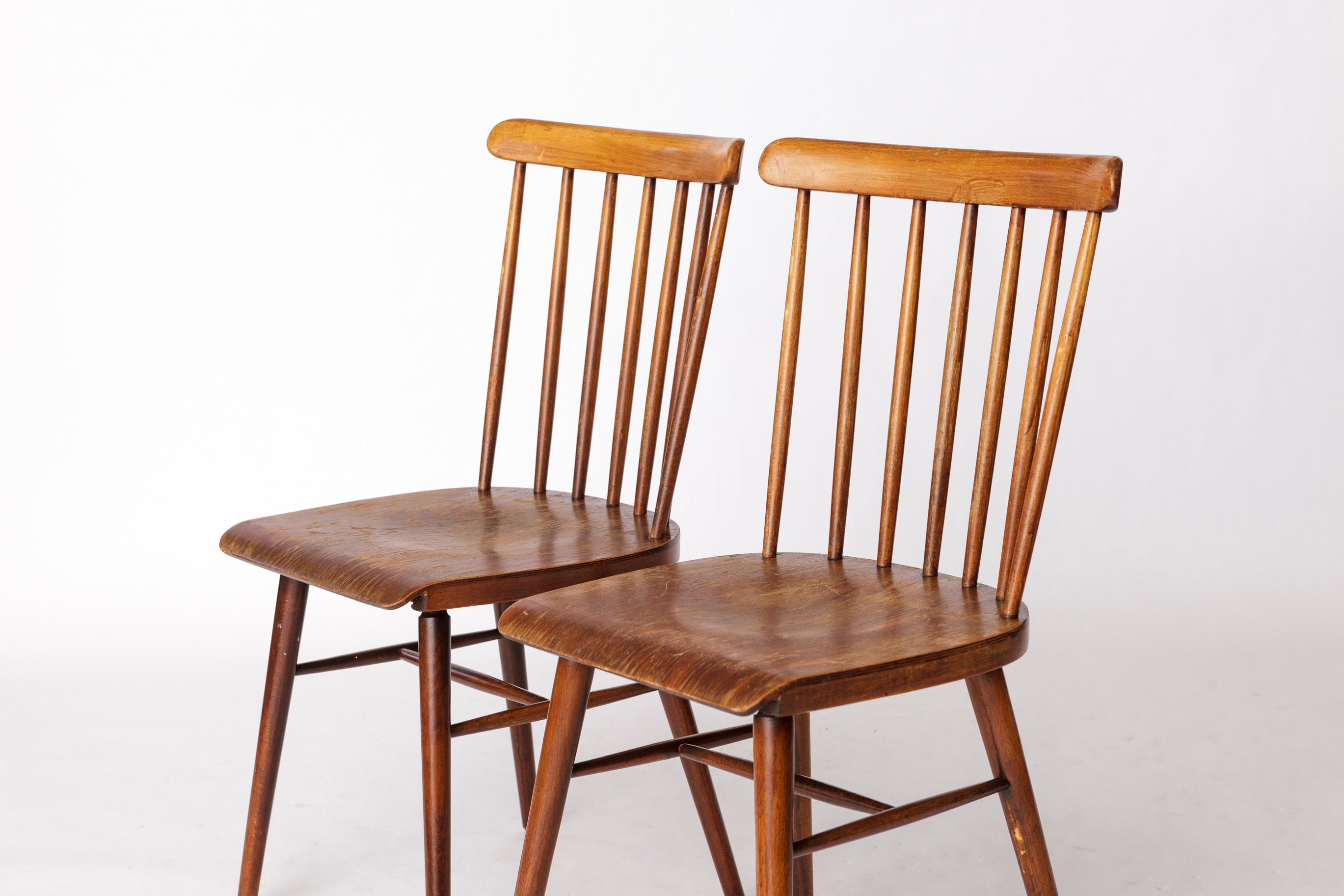 Pair of Vintage Spindle Back Chairs – 1970s Beech Wood, Restored Rustic Seating For Sale 1